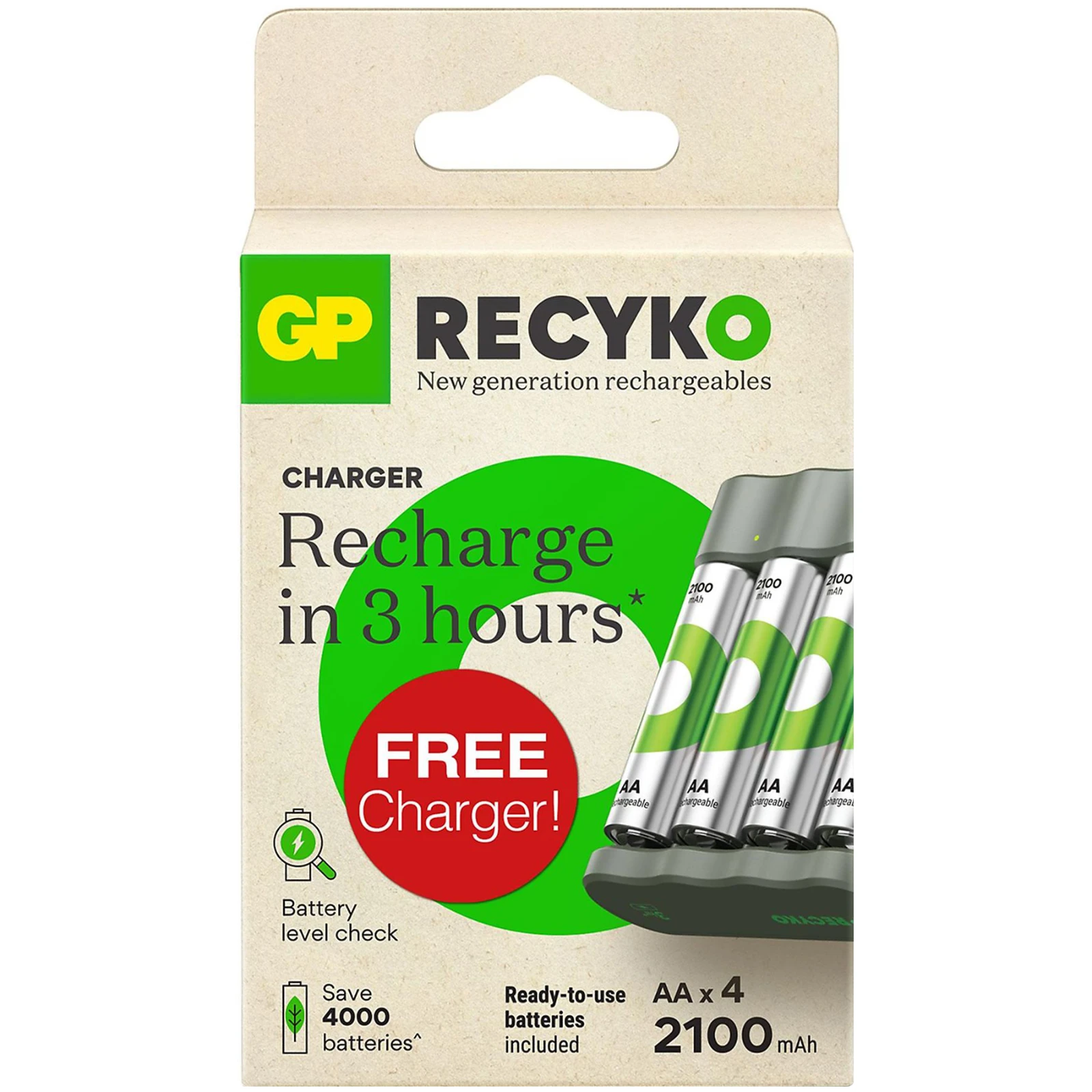 GP Oplaadbare AA batterij 2100mAh ReCyko + Gratis Oplader B441