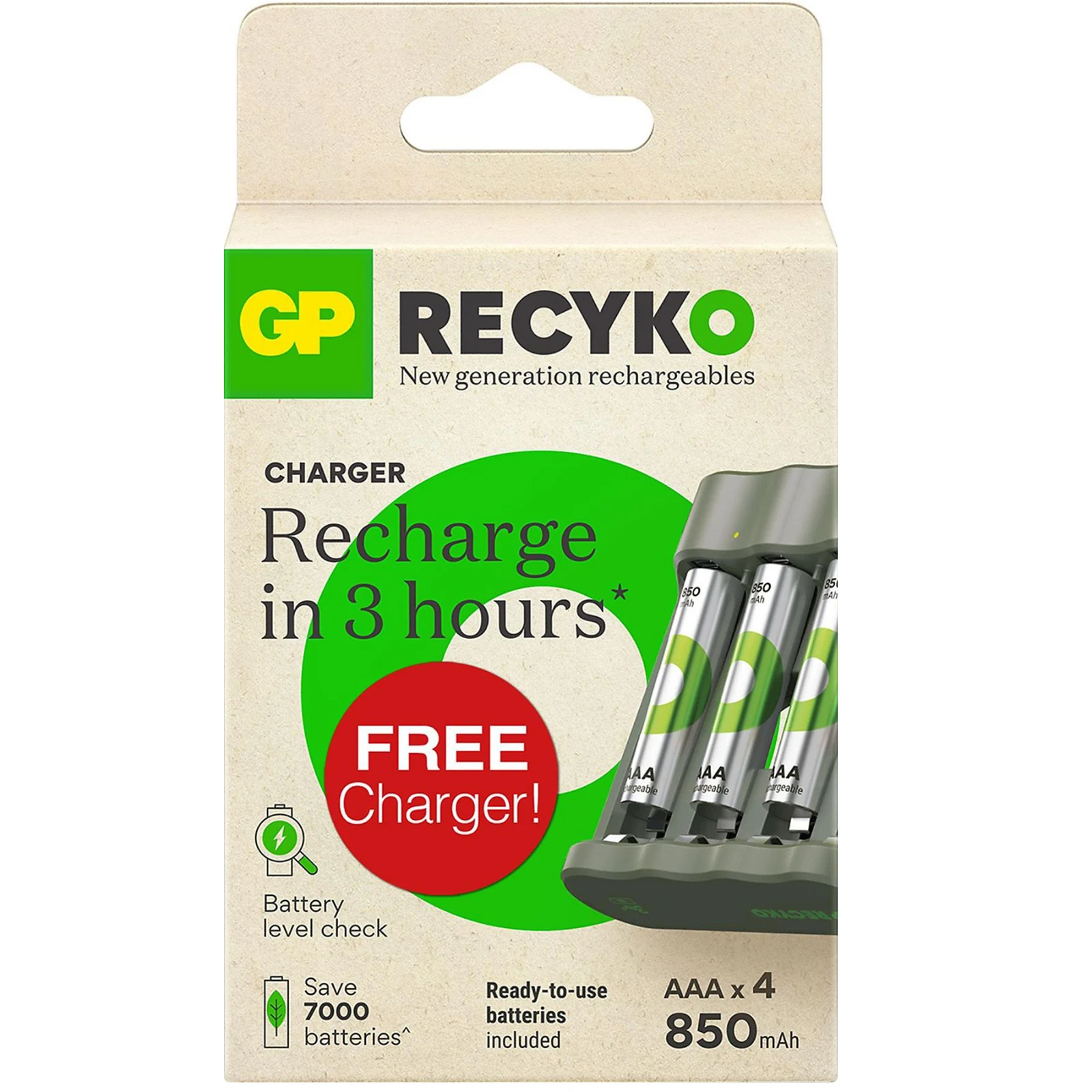 GP Oplaadbare AAA batterij 850mAh ReCyko + Gratis Oplader B441