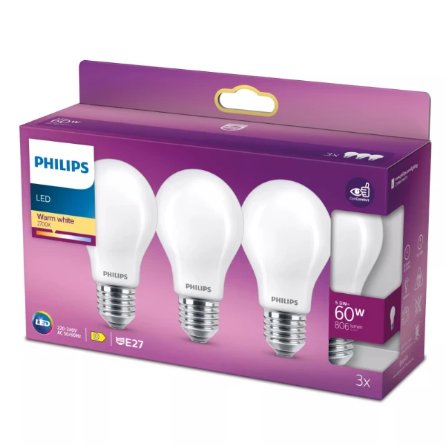 Philips LED Lamp Classic 60W A60 E27 WW FR ND 3PFSRT6 (3 stuks)