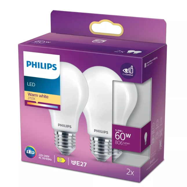 Philips LED Lamp Classic 60W A60 E27 WW FR ND 2PFSRT6 (2 stuks)