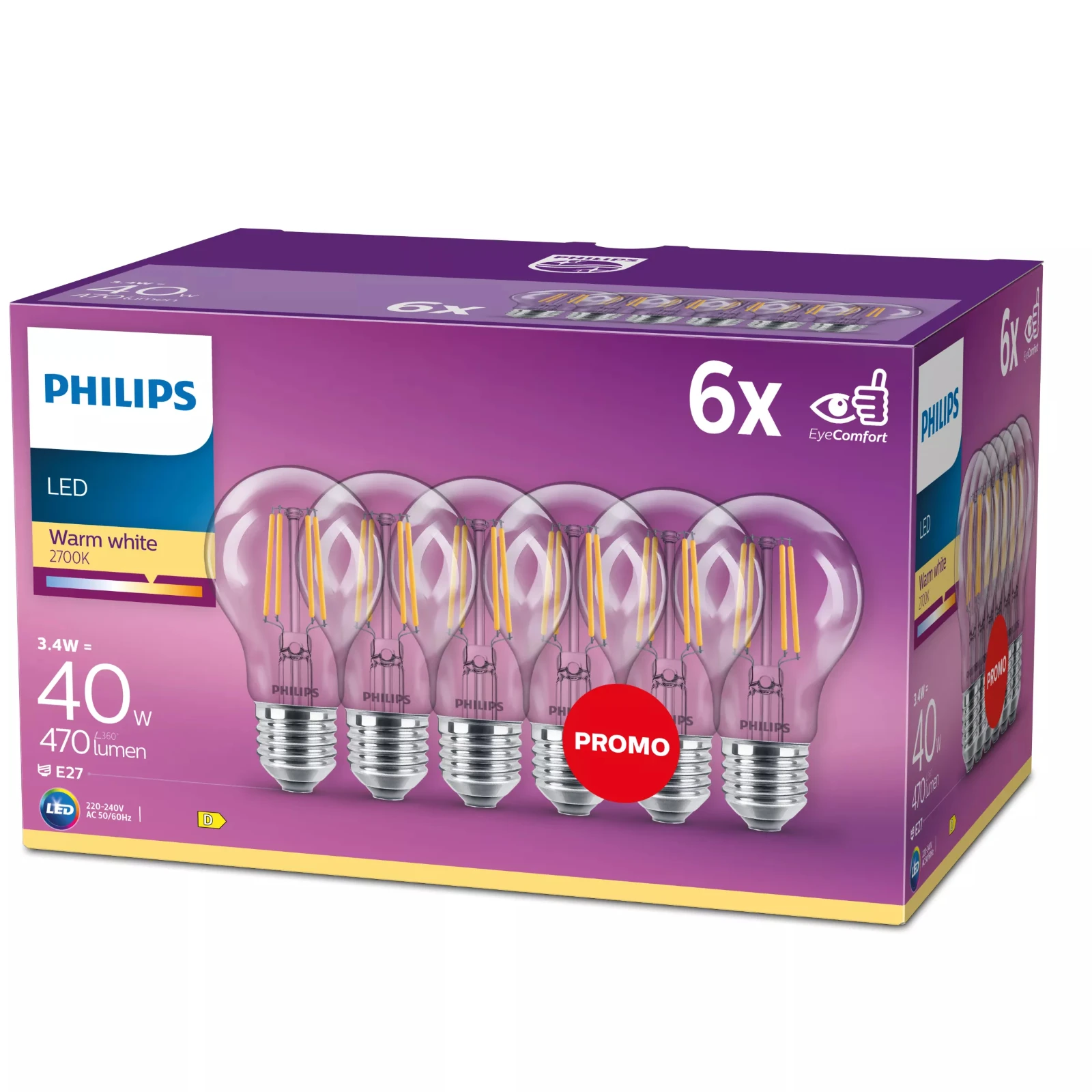 Philips LED Filament Classic 40W A60 E27 WW CL ND 6CT/4 (6 stuks)