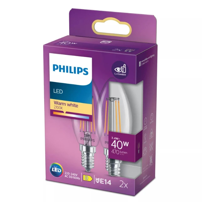 Philips LED Filament Classic 40W B35 E14 WW CL ND 2PFSRT6 (2 stuks)