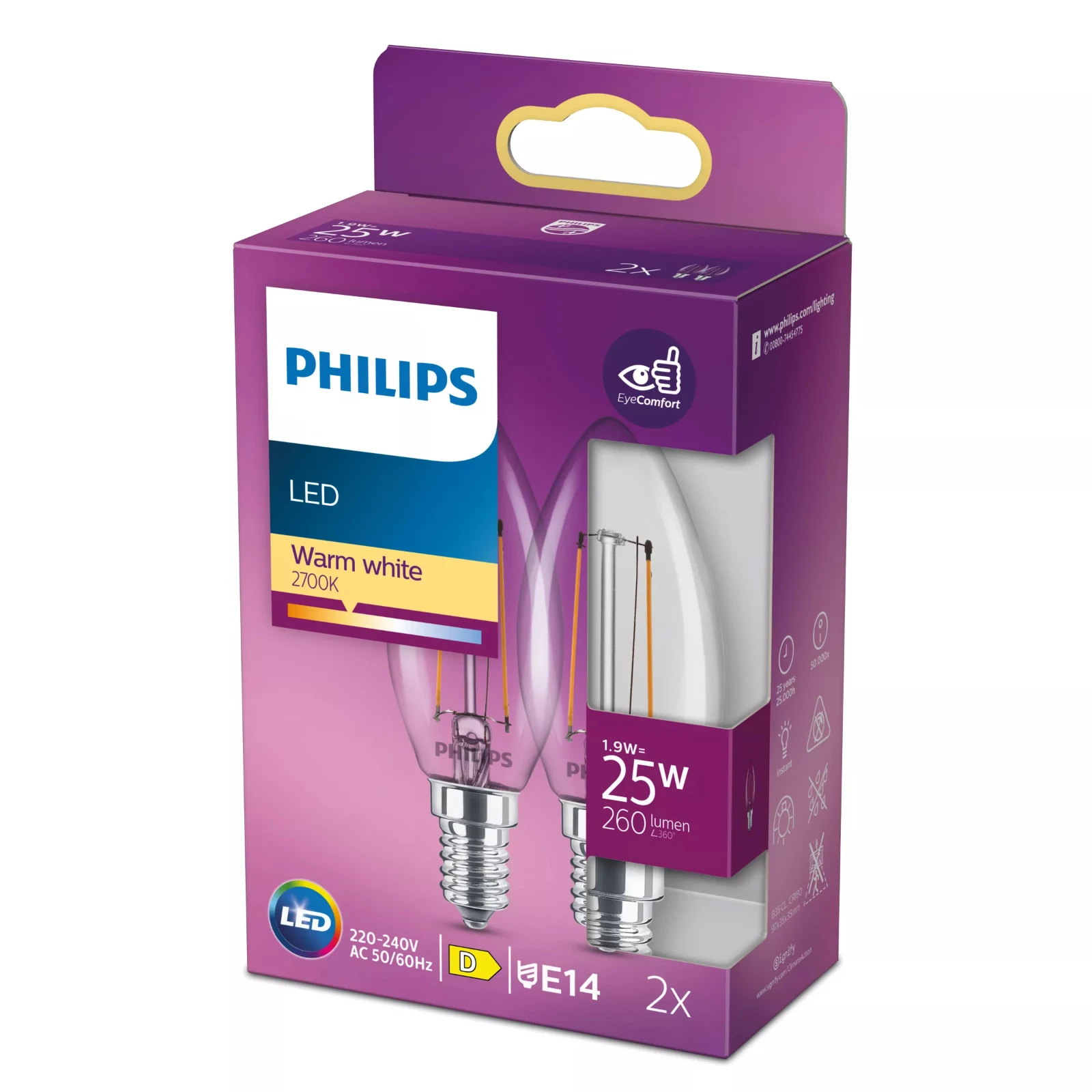 Philips LED Filament  Classic 25W B35 E14 WW CL ND 2PFSRT6