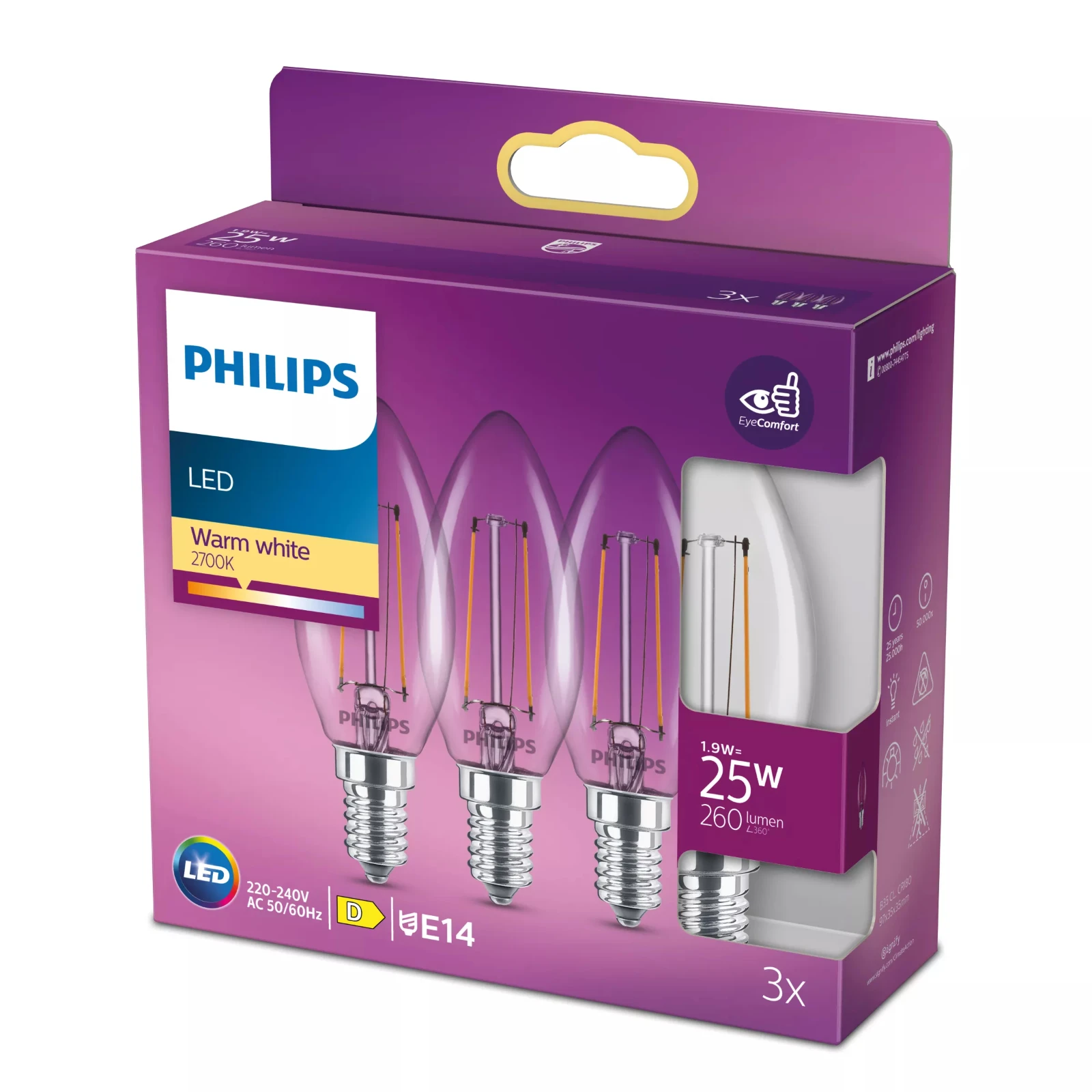 Philips LED Filament Classic25W B35 E14 WW CL ND 3PFSRT6 (3 stuks)
