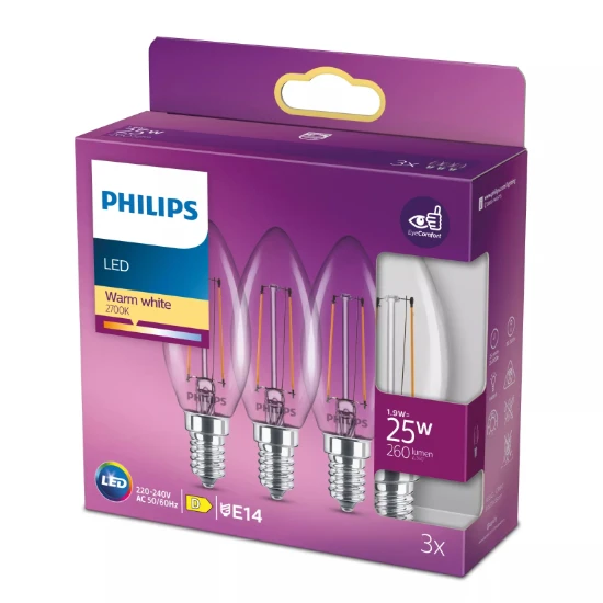 Philips LED Filament Classic25W B35 E14 WW CL ND 3PFSRT6 (3 stuks)