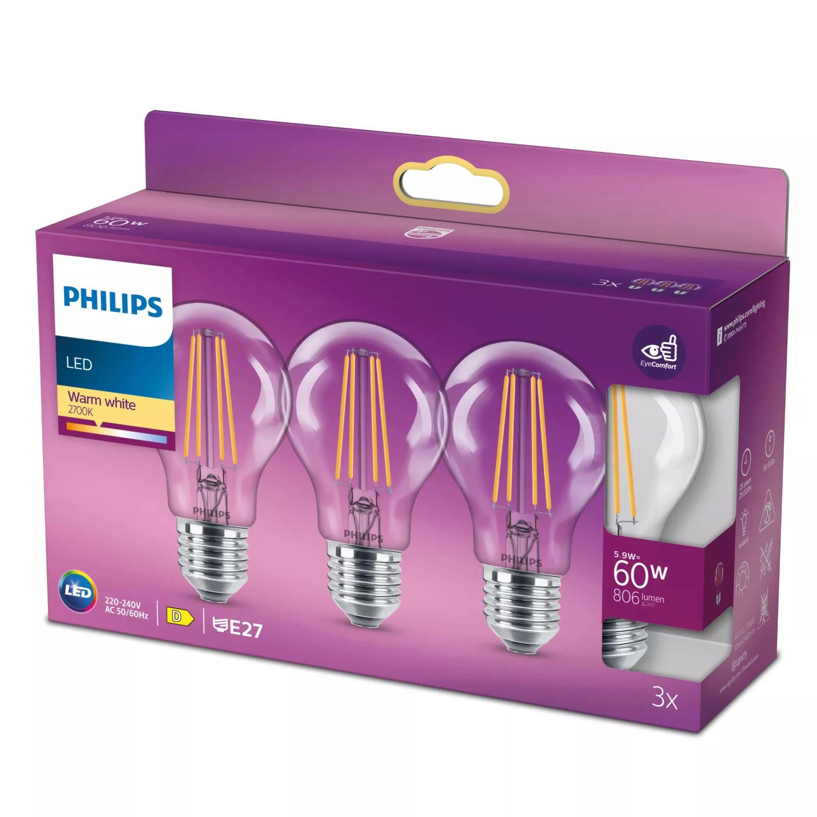 Philips LED Filament Classic 60W A60 E27 WW CL ND 3PFSRT6 (3 stuks)
