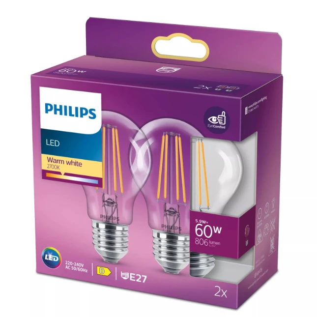 Philips LED Filament Classic 60W A60 E27 WW CL ND 2PFSRT6 (2 stuks)
