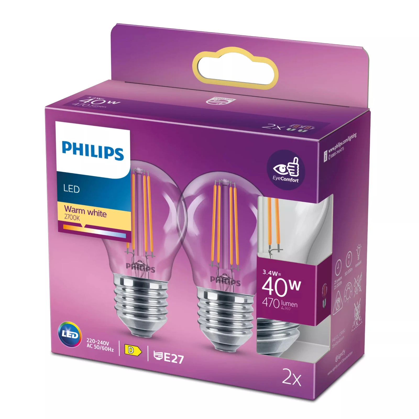 Philips LED Filament Classic 40W P45 E27 WW CL ND 2PFSRT6 (2 stuks)