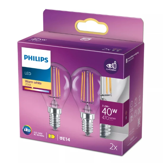 Philips LED Filament Classic 40W P45 E14 WW CL ND 2PFSRT6 (2 stuks)