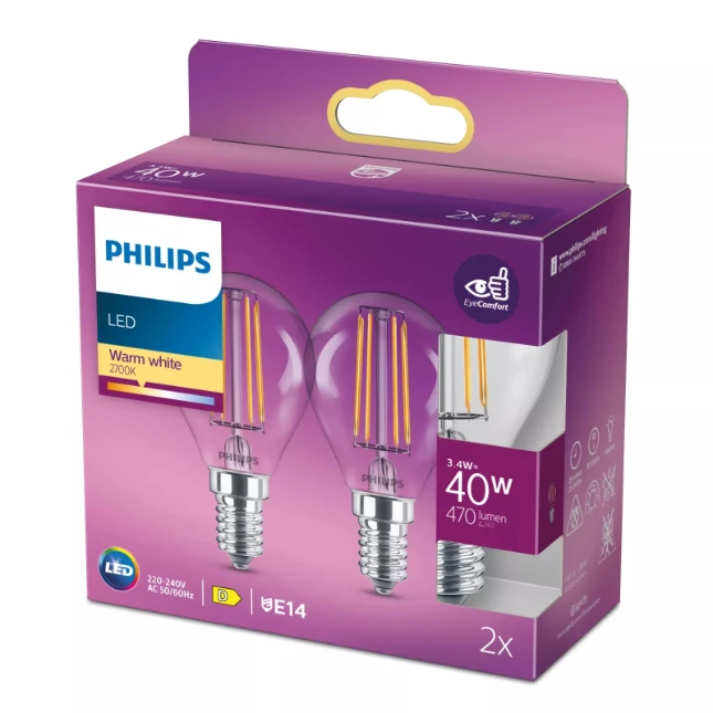Philips LED Filament Classic 40W P45 E14 WW CL ND 2PFSRT6 (2 stuks)