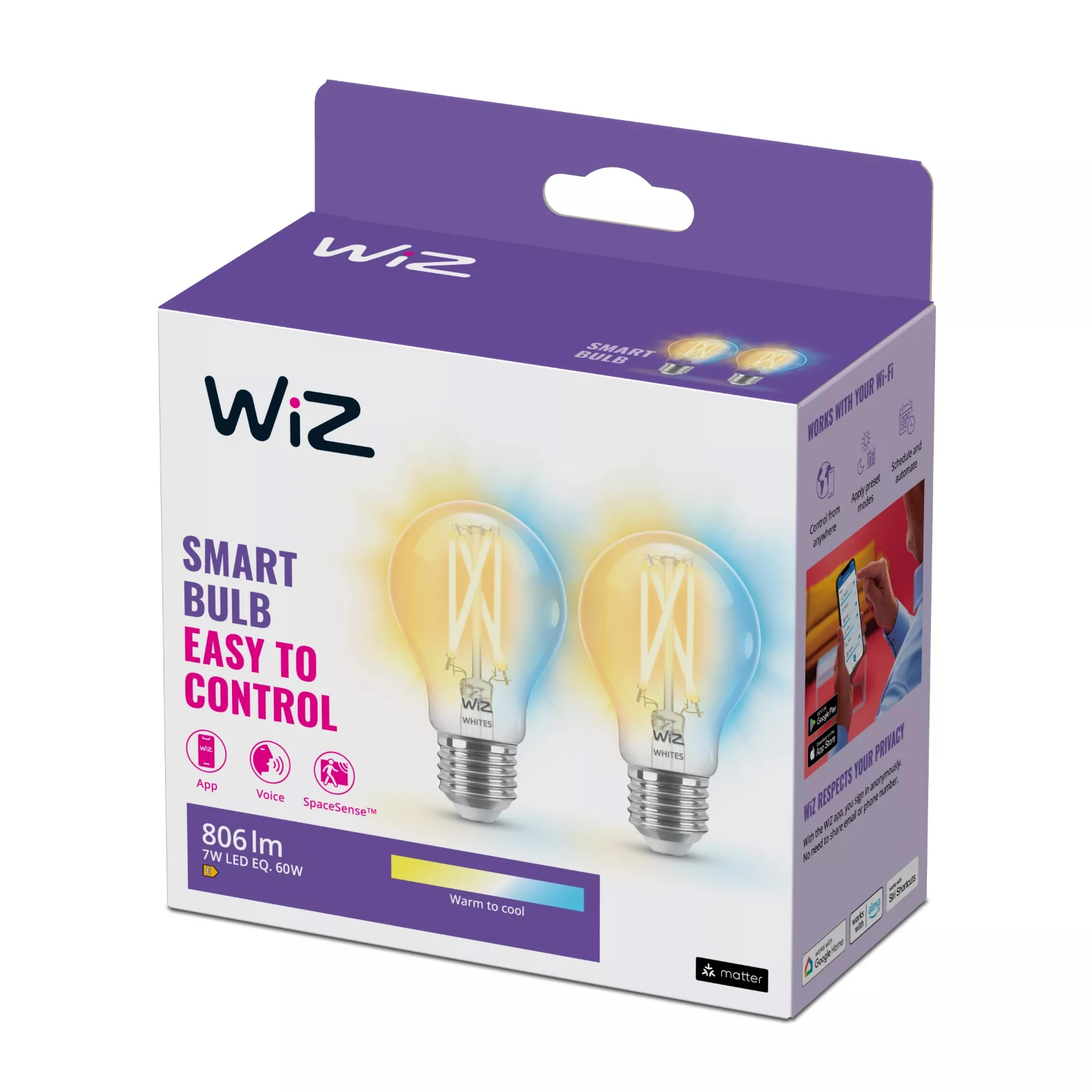 WiZ LED-lamp Filament E27 60W - warm tot koelwit (2 stuks)