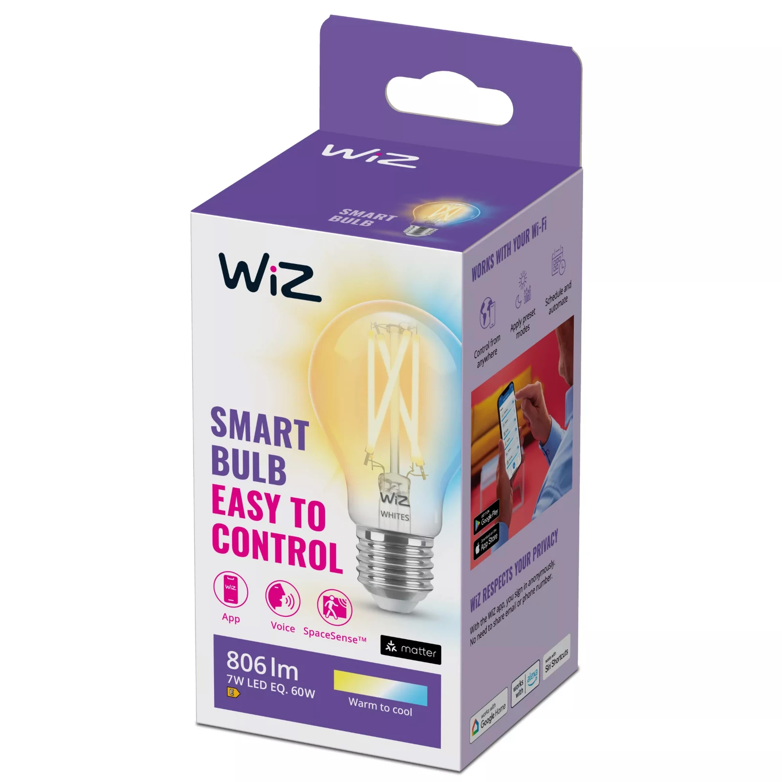 WiZ LED-filament E27 60W Wi-Fi - warm tot koelwit