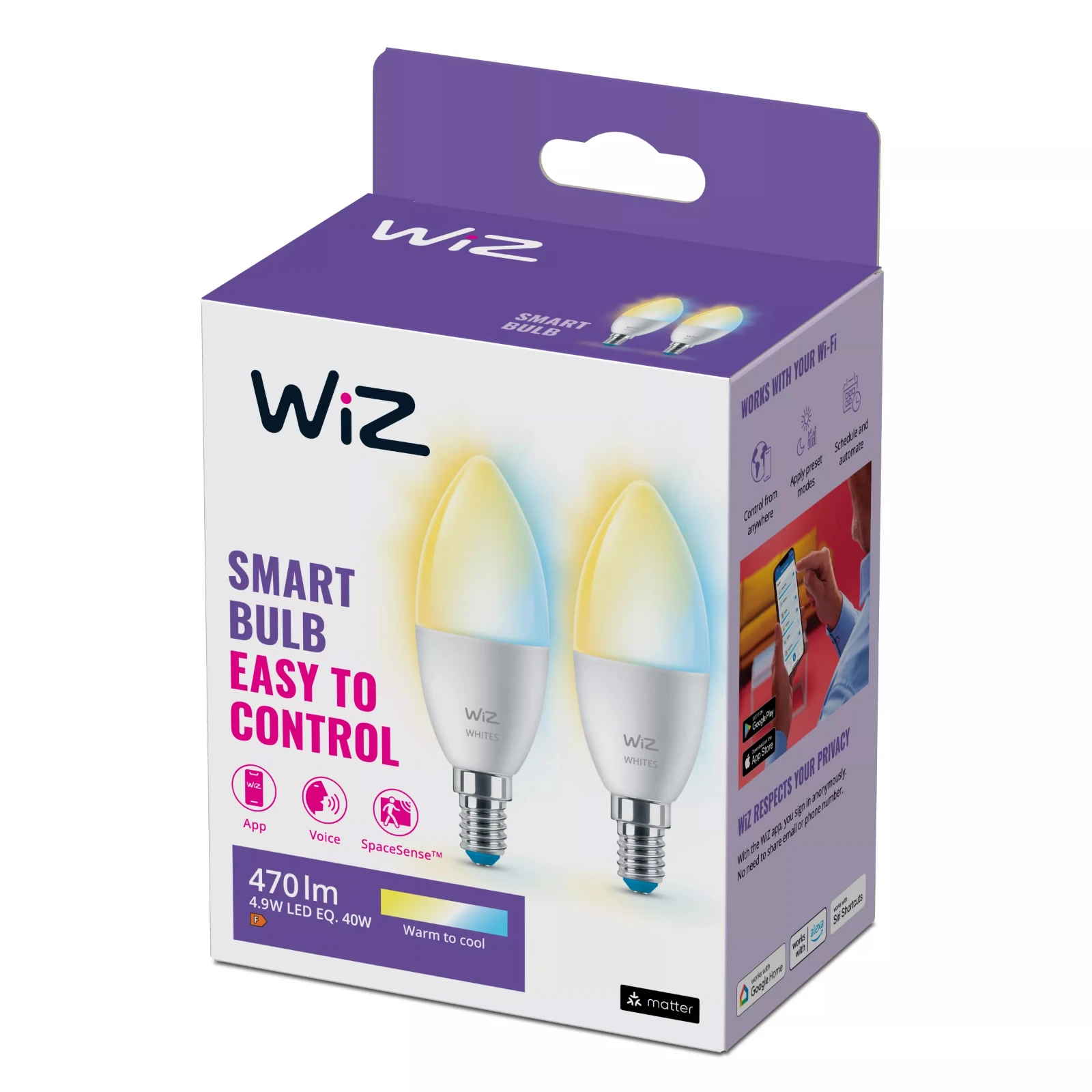 WiZ LED-kaarslamp E14  40W Wi-Fi - warm tot koelwit (2 stuks)