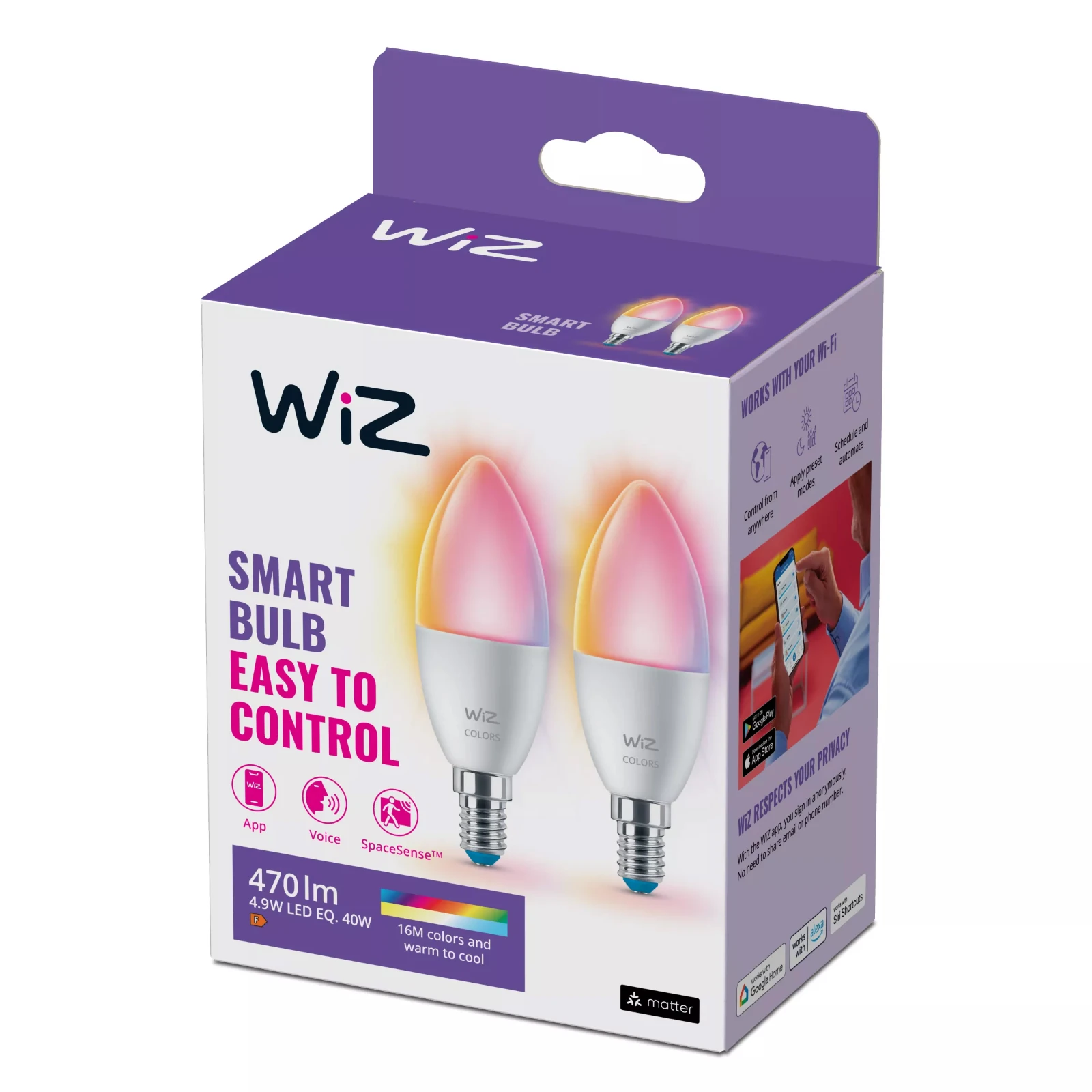 WiZ LED-kaarslamp E14  40W Wi-Fi - gekleurd en wit (2 stuks)
