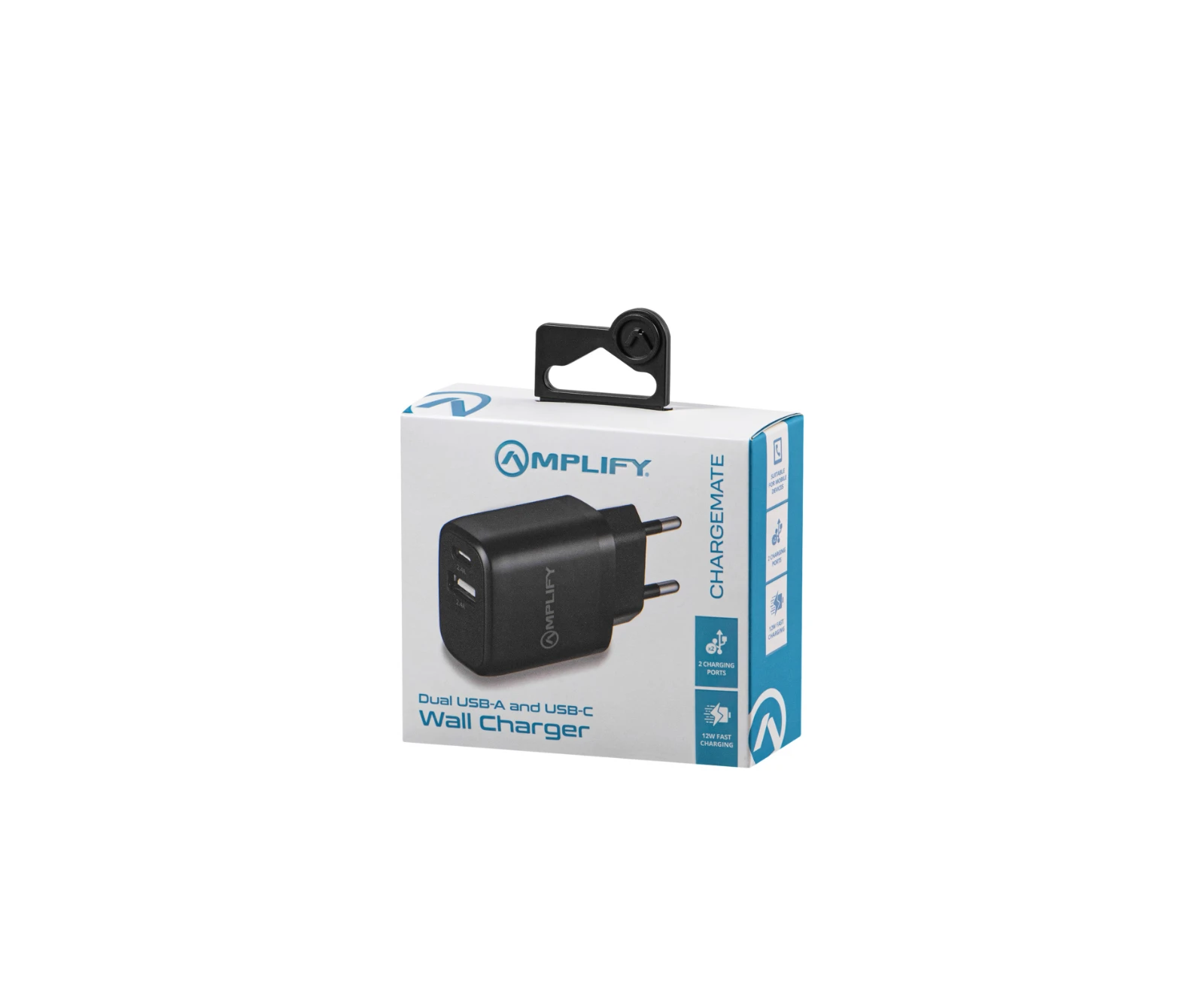 Amplify USB-oplader – 12 W – USB-A + USB-C – Zwart