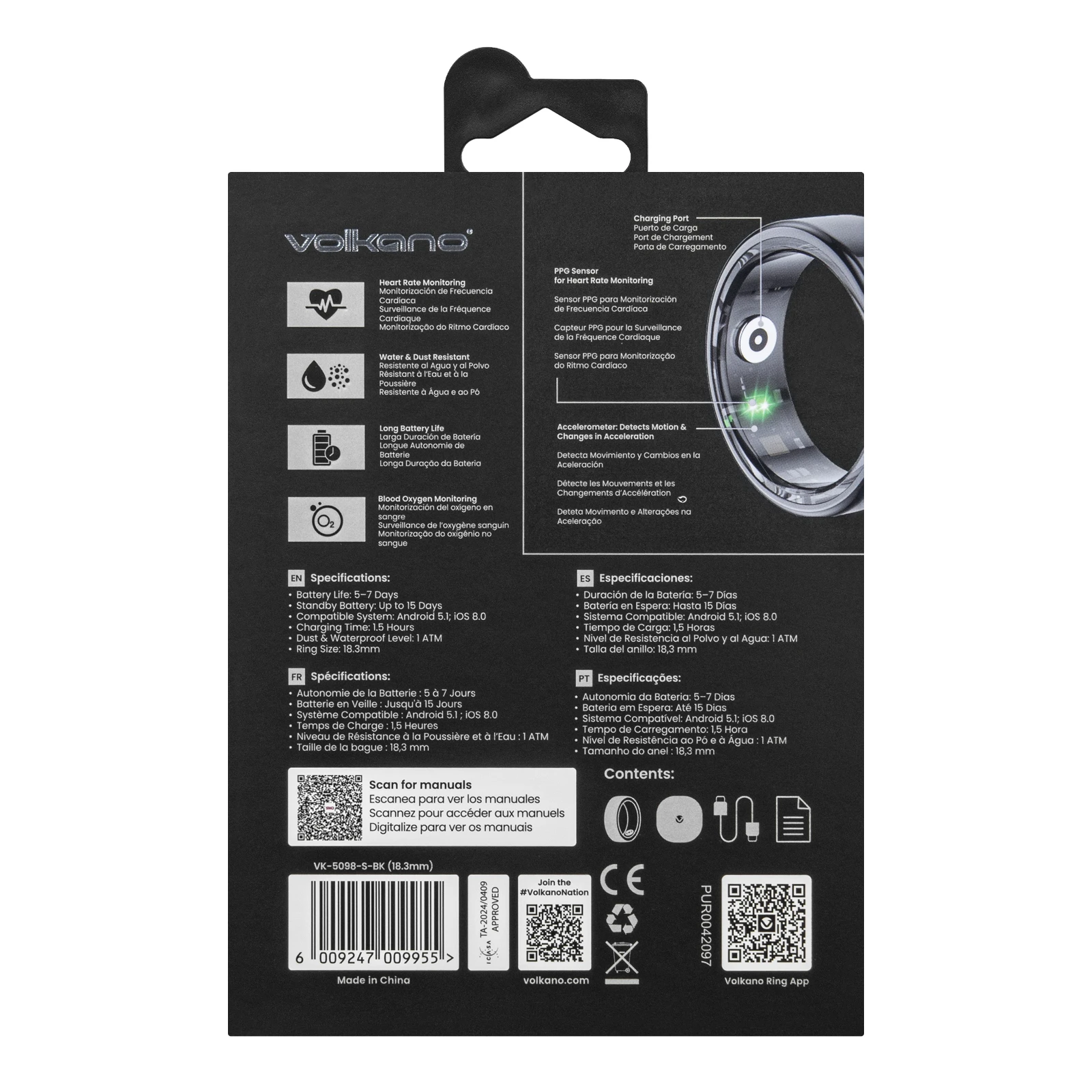 Volkano Smart Ring - 18.3mm - Zwart