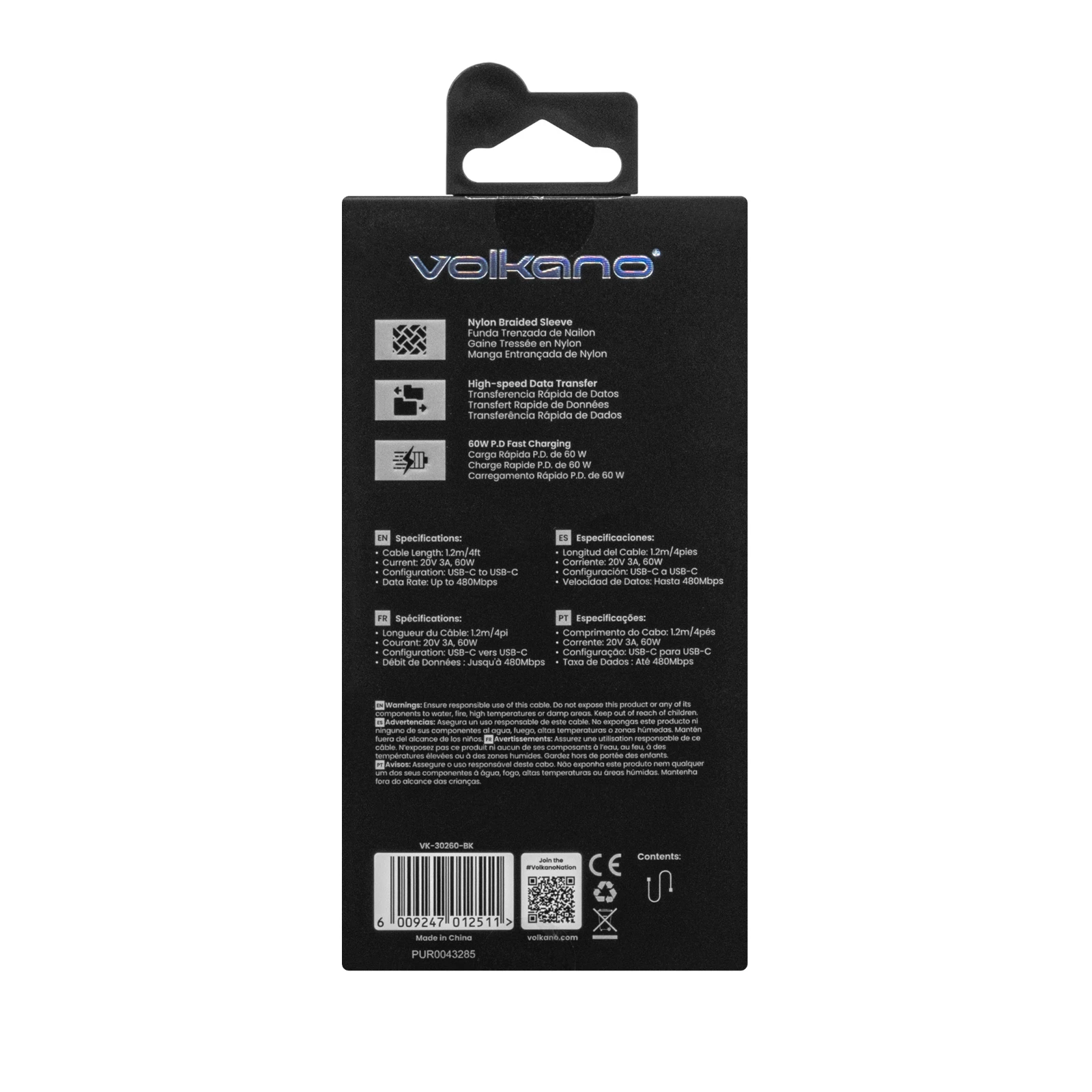Volkano Weave Oplaadkabel – USB-C → USB-C – 1.2 m – Zwart