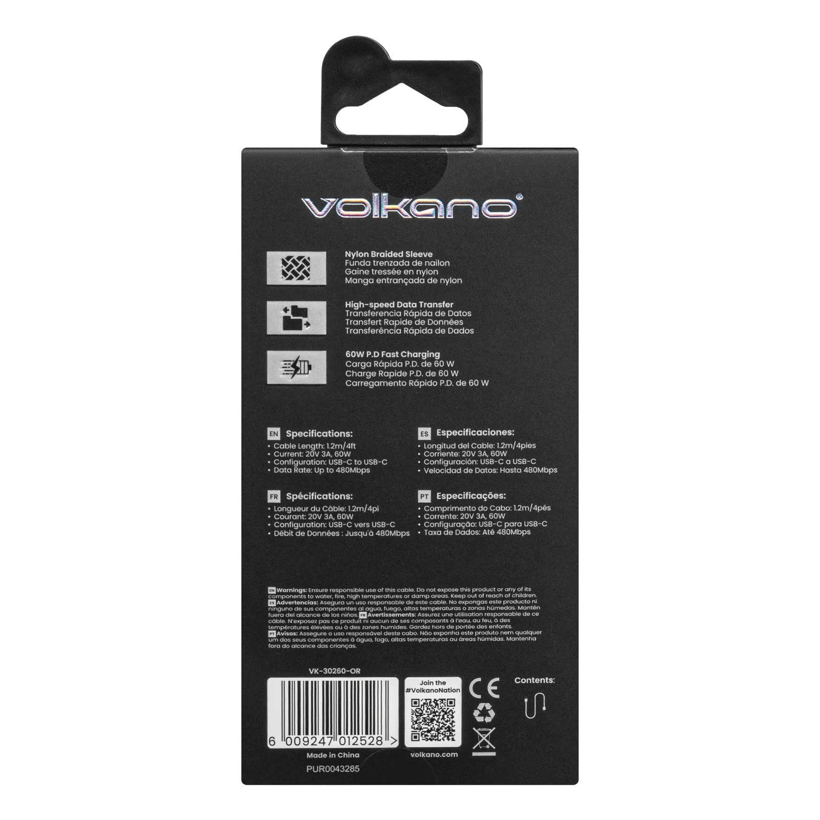 Volkano Weave Oplaadkabel – USB-C → USB-C – 1.2 m – Oranje