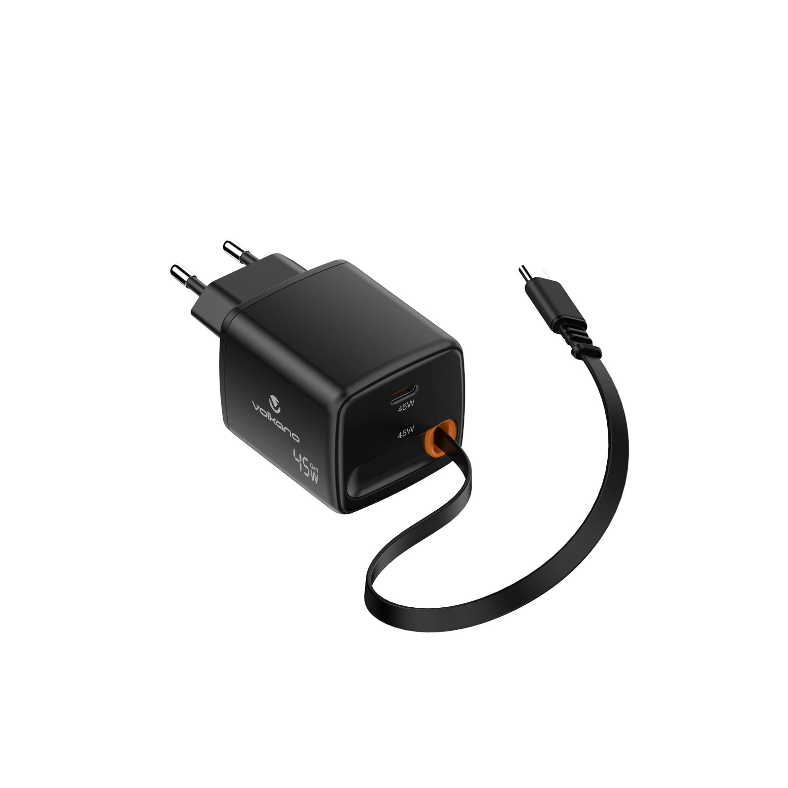 Volkano Sleek USB-oplader – 45 W – USB-C-poort en uittrekbare USB-C-kabel – Zwart