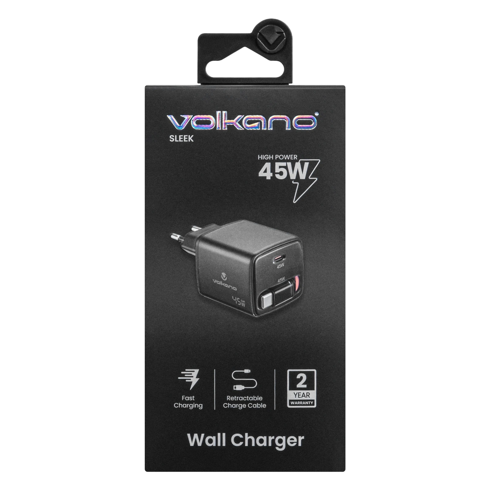 Volkano Sleek USB-oplader – 45 W – USB-C-poort en uittrekbare USB-C-kabel – Zwart