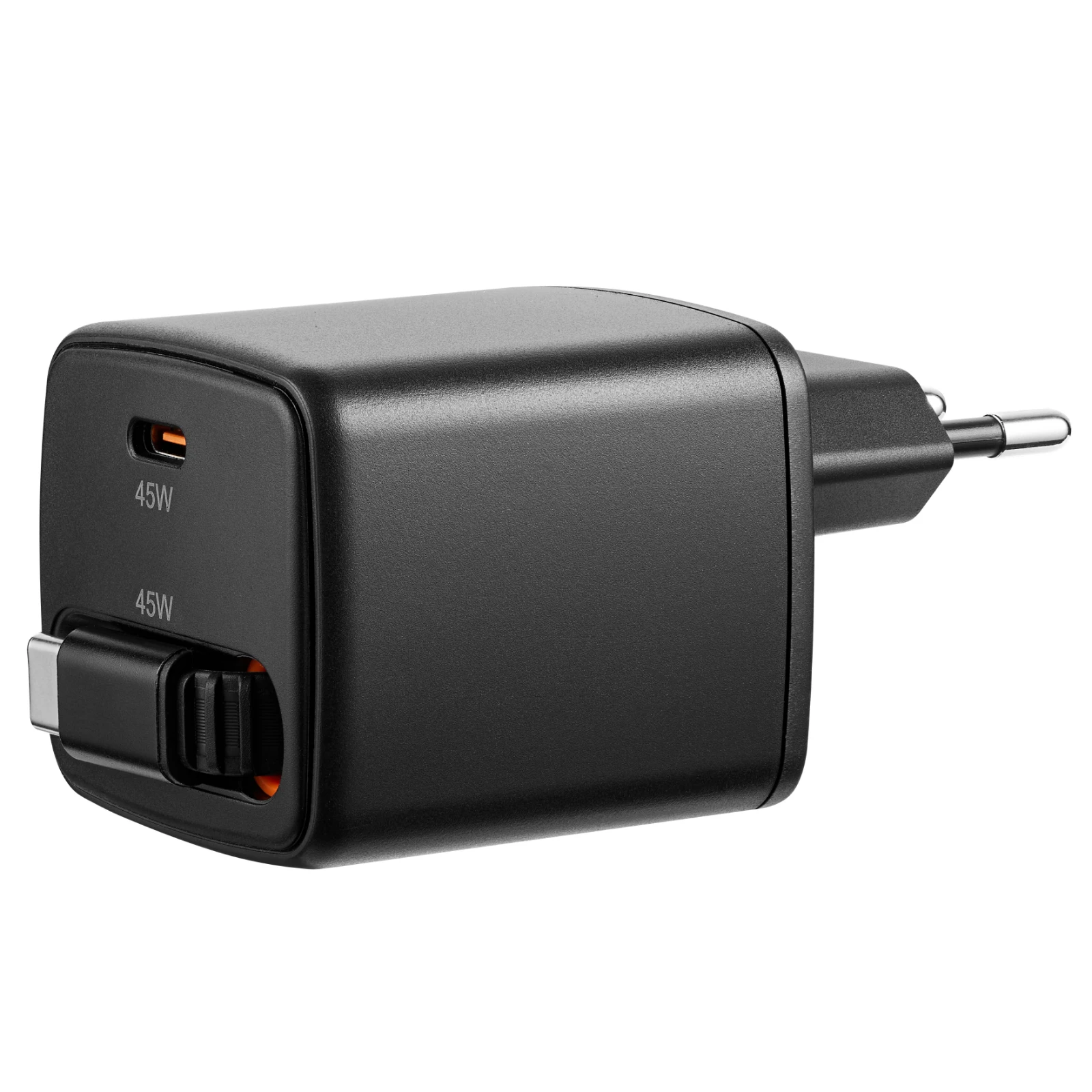 Volkano Sleek USB-oplader – 45 W – USB-C-poort en uittrekbare USB-C-kabel – Zwart