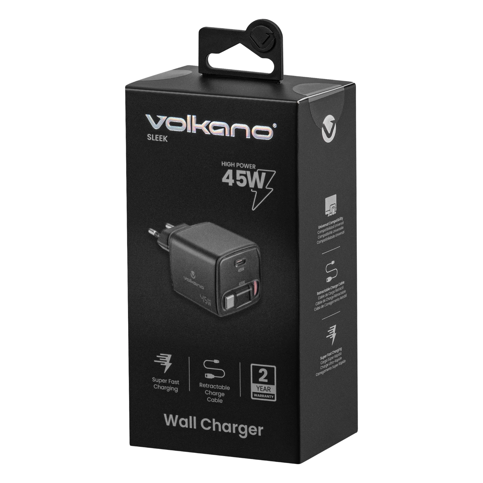 Volkano Sleek USB-oplader – 45 W – USB-C-poort en uittrekbare USB-C-kabel – Zwart
