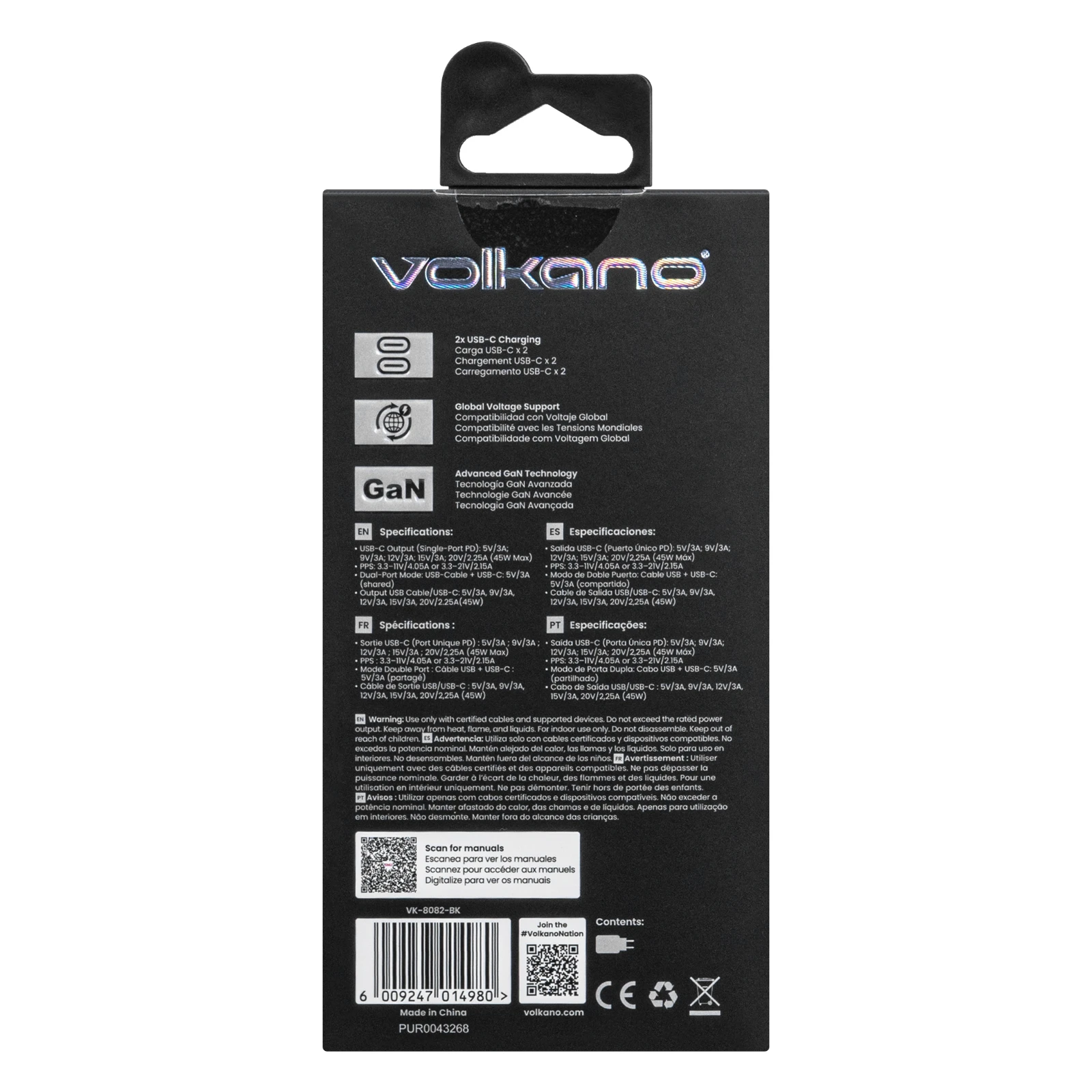 Volkano Sleek USB-oplader – 45 W – USB-C-poort en uittrekbare USB-C-kabel – Zwart