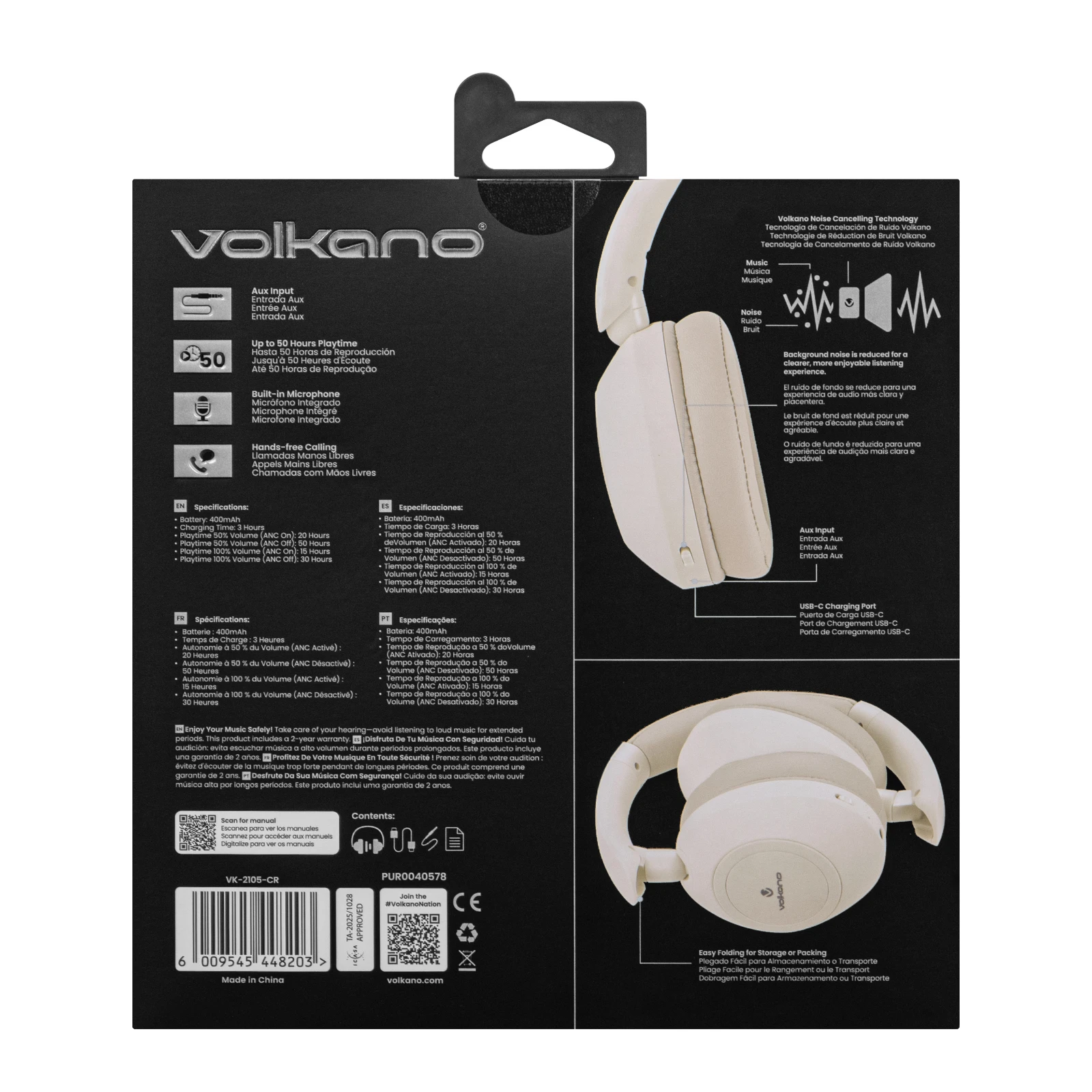 Volkano Aura Draadloze koptelefoon – ANC – Crème