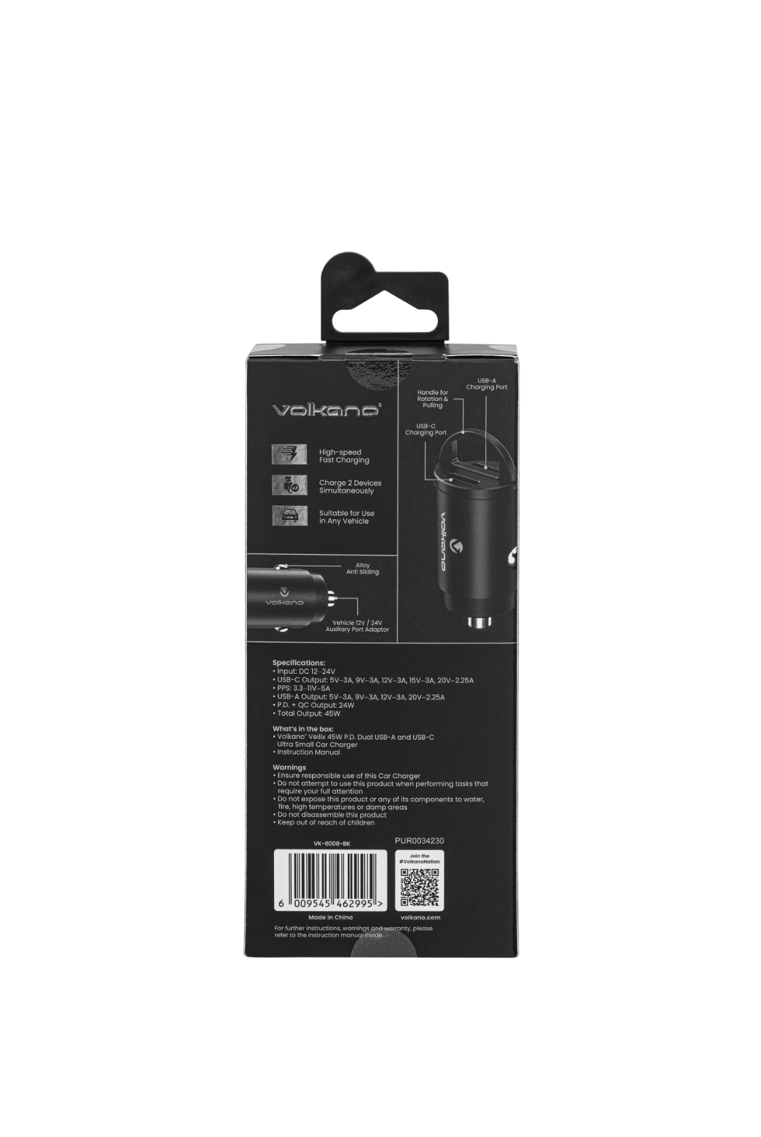 Volkano Veilix USB-autolader – 45 W – USB-A + USB-C – Zwart
