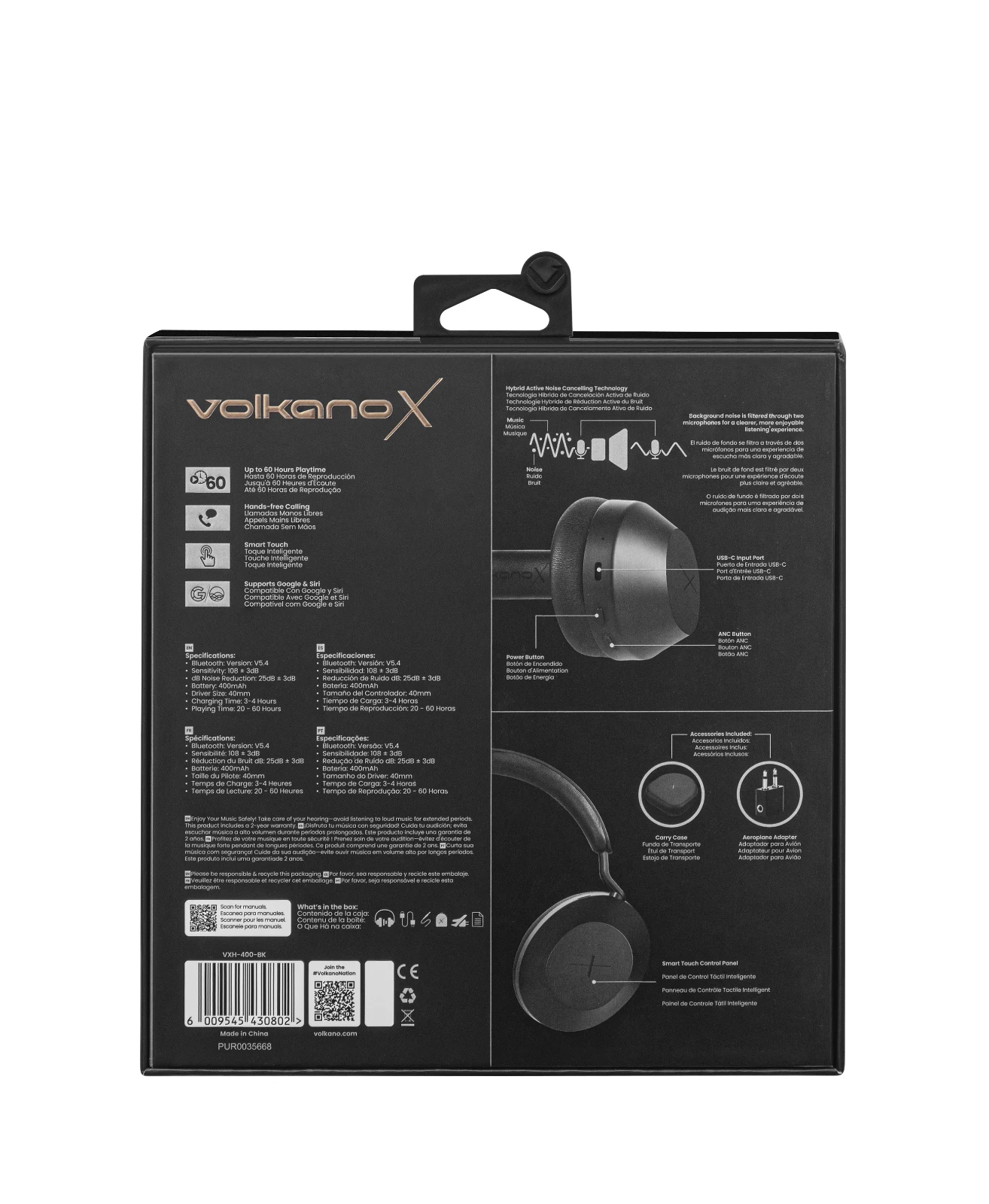 VolkanoX H400 Draadloze koptelefoon – Hybride ANC – Zwart