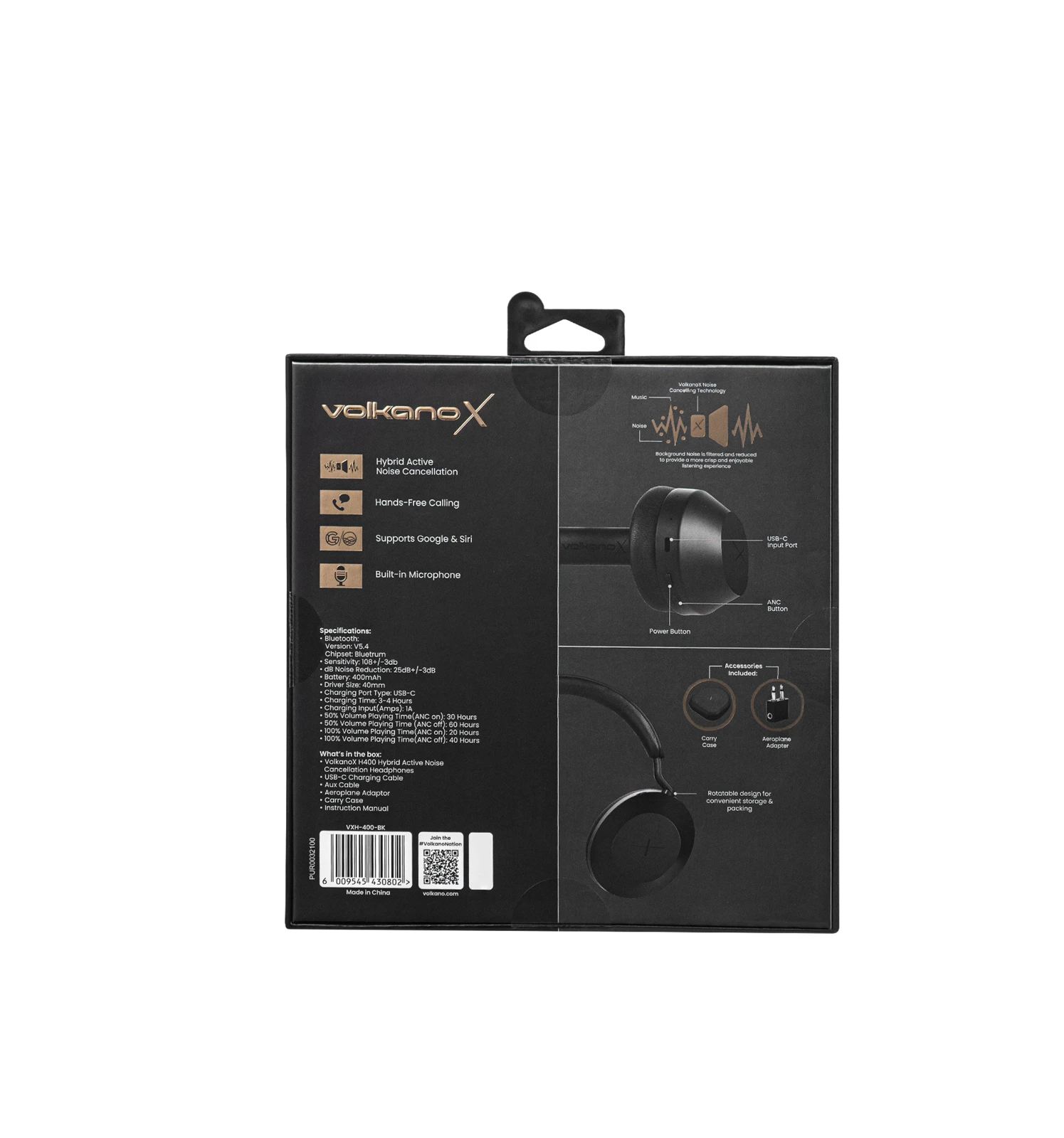 VolkanoX H400 Draadloze koptelefoon – Hybride ANC – Zwart