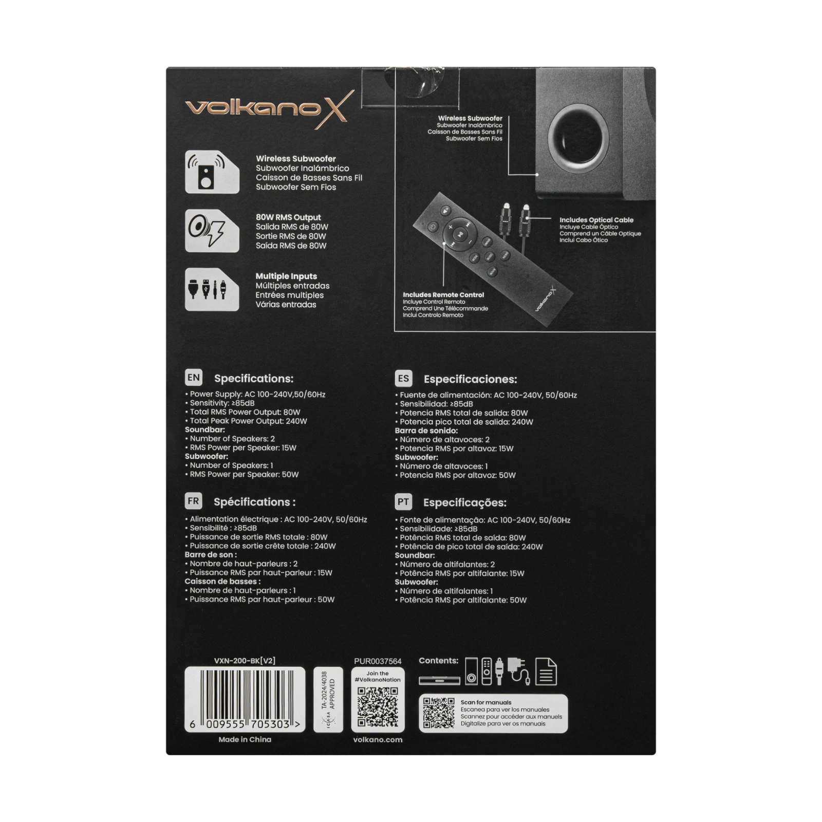 VolkanoX Empire 2.1 Soundbar met draadloze subwoofer – 80 W