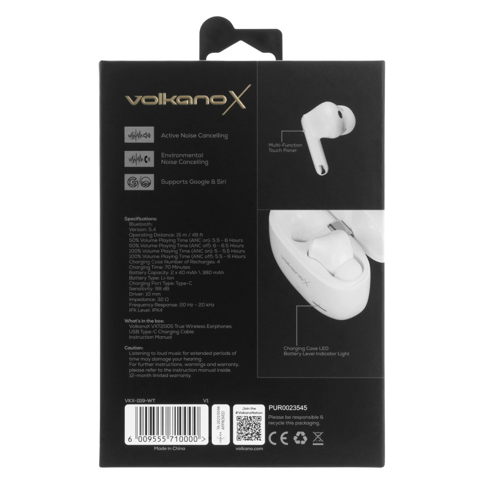 VolkanoX VXT200S Draadloze oordopjes – Hybride ANC – Wit