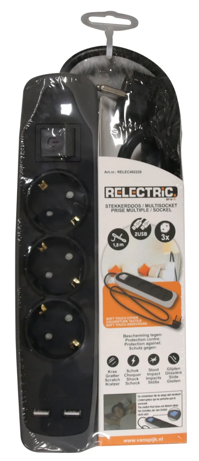 RELECTRIC Stekkerdoos 1,5 meter 3-voudig met 2x USB