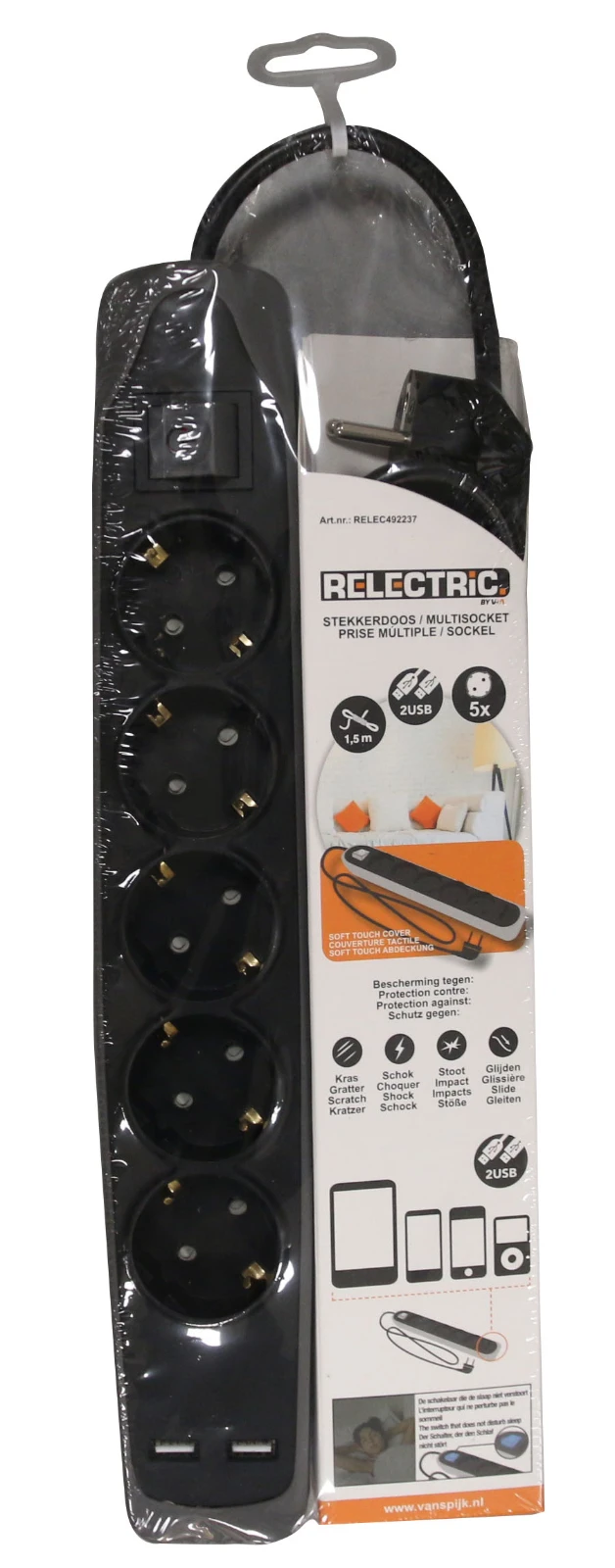 RELECTRIC Stekkerdoos 1,5 meter 5-voudig met 2x USB