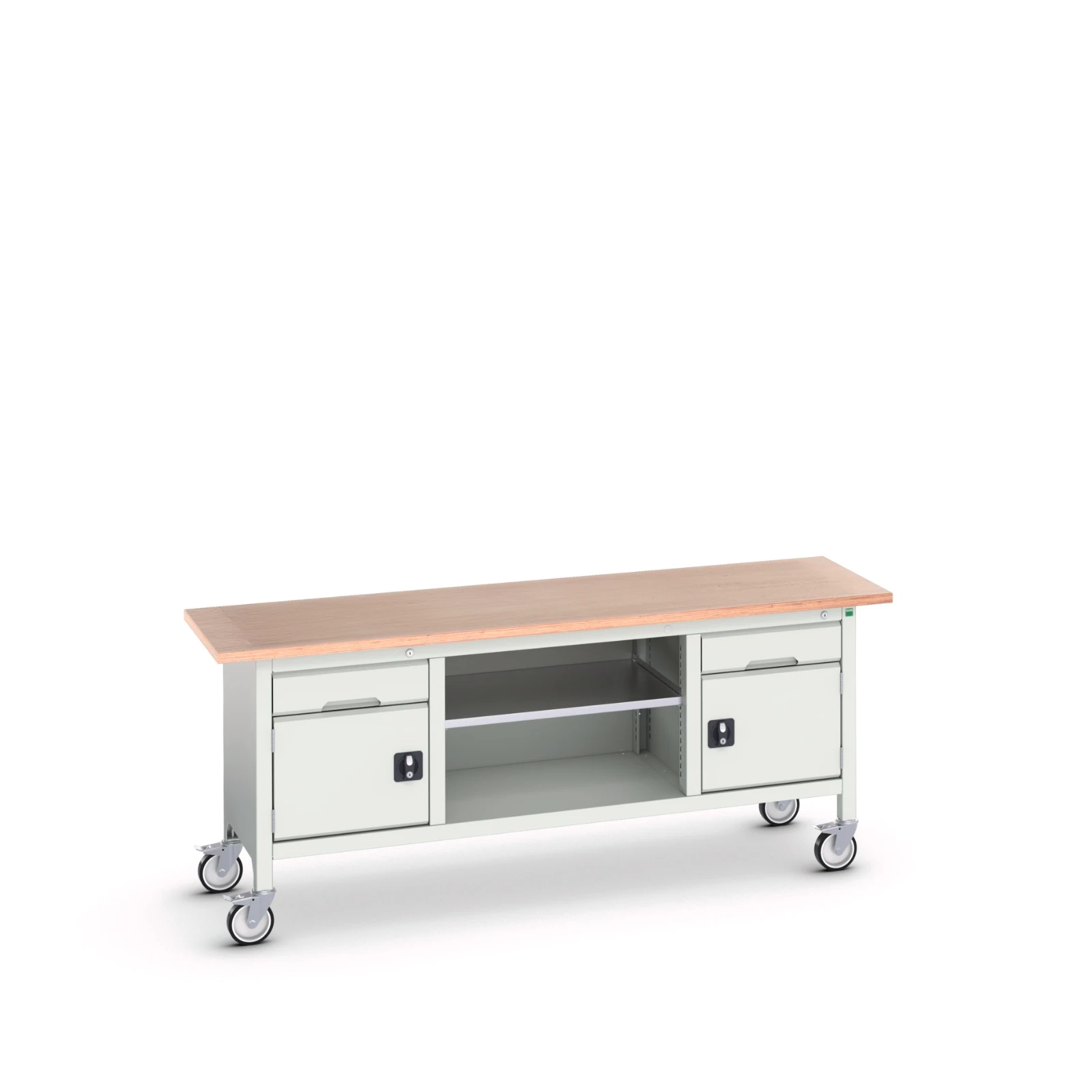 bott Verso verrijdbare werkbank 2000x600x830mm 2 laden 1 middenschap 2 deuren Multiplex RAL 7035