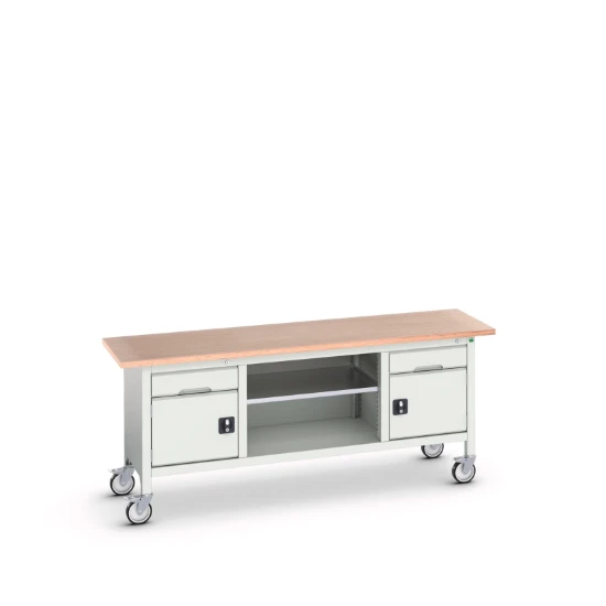 bott Verso verrijdbare werkbank 2000x600x830mm 2 laden 1 middenschap 2 deuren Multiplex RAL 7035