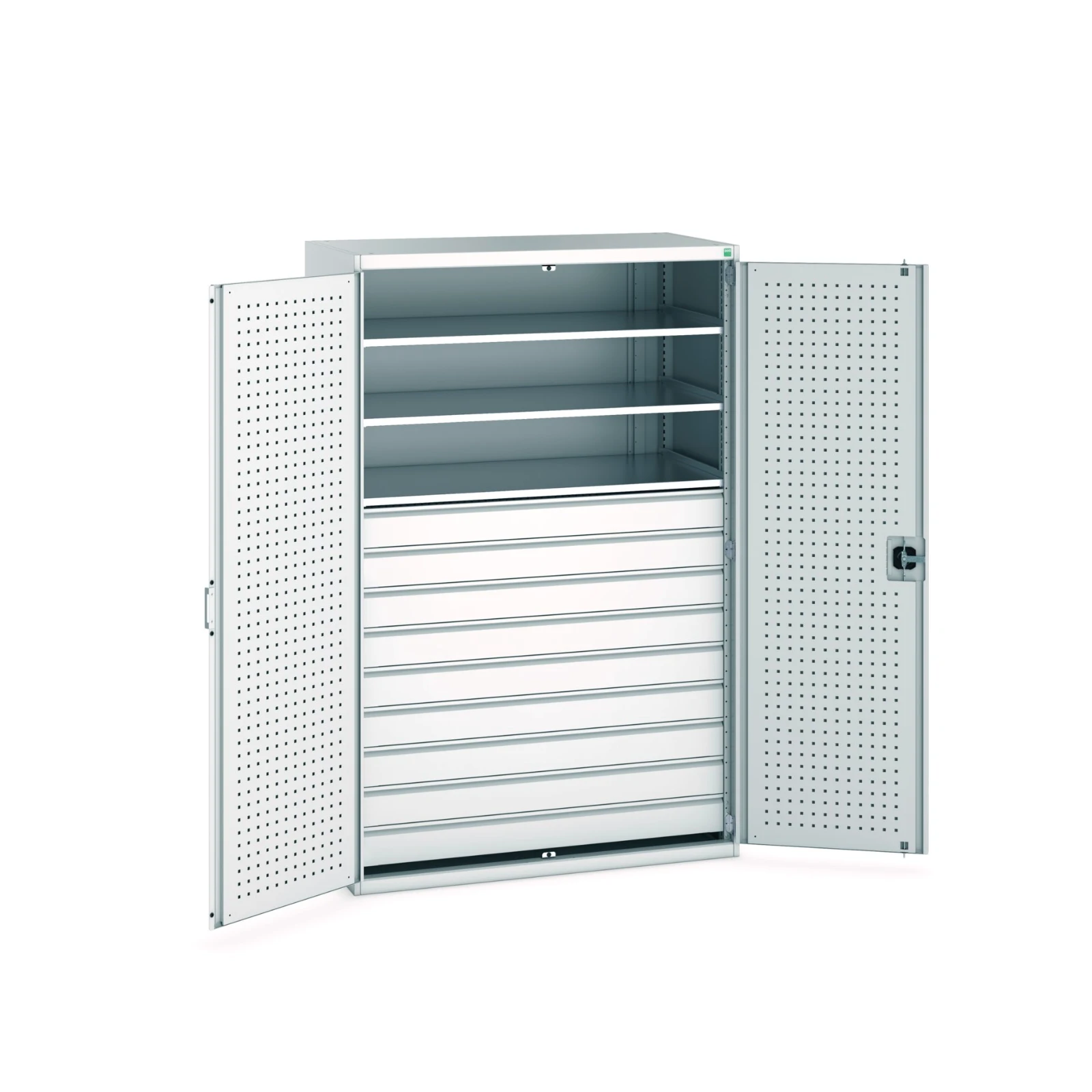 bott Cubio systeemkast 2 deuren 3 legborden 9 laden hoogte 2000 mm RAL 7035