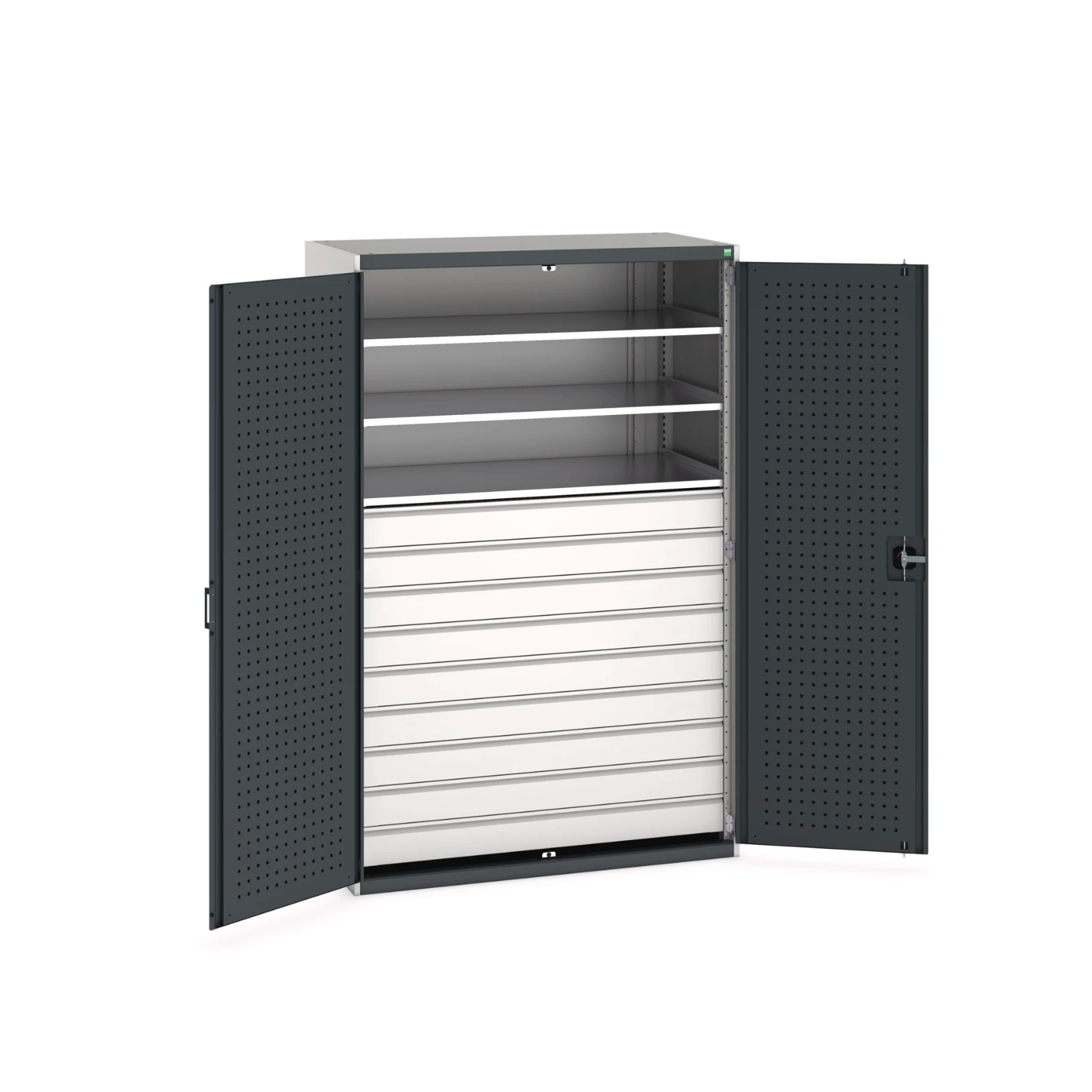 bott Cubio systeemkast 2 deuren 3 legborden 9 laden hoogte 2000 mm RAL 7016