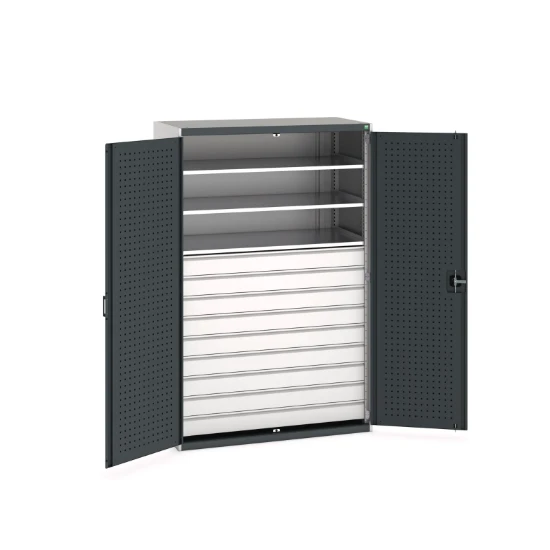 bott Cubio systeemkast 2 deuren 3 legborden 9 laden hoogte 2000 mm RAL 7016