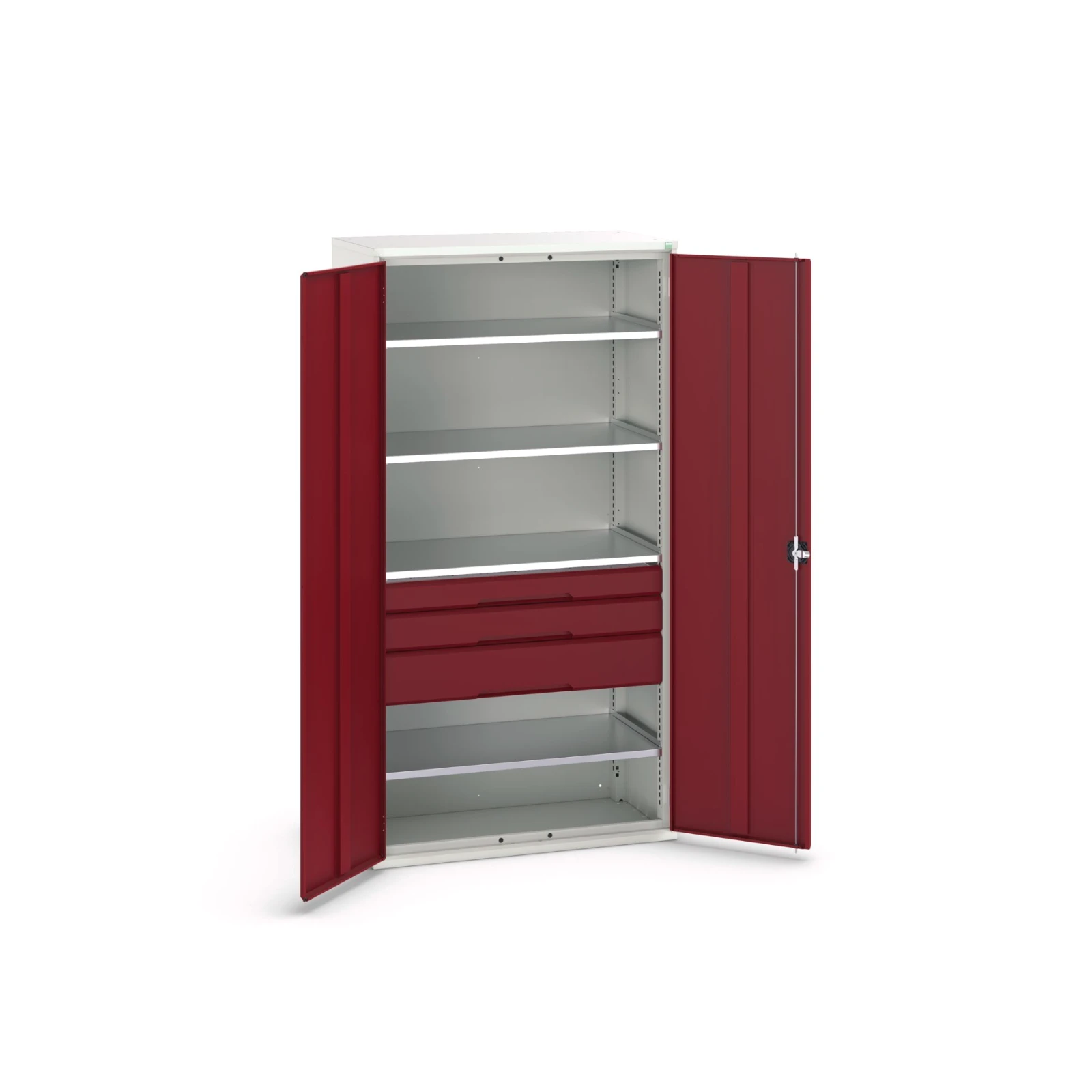bott Verso systeemkast 1050x550x2000mm 4 legborden 3 lades 1 Perfo achterwand RAL 3004