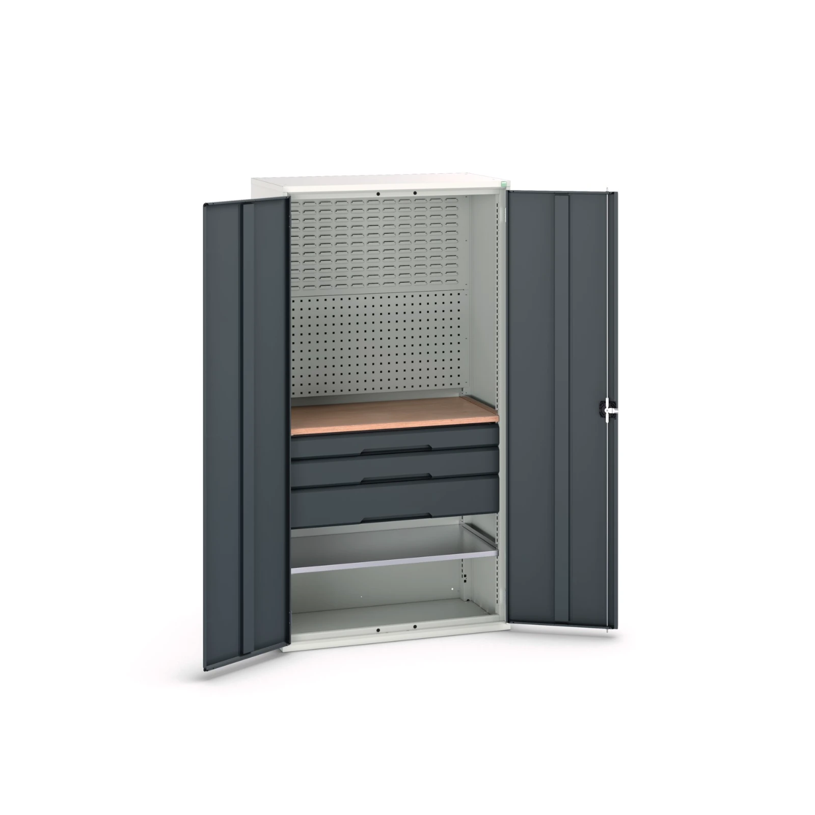 bott Verso systeemkast 1050x550x2000mm 1 legbord 3 lades 1 Perfo achterwand RAL 7016