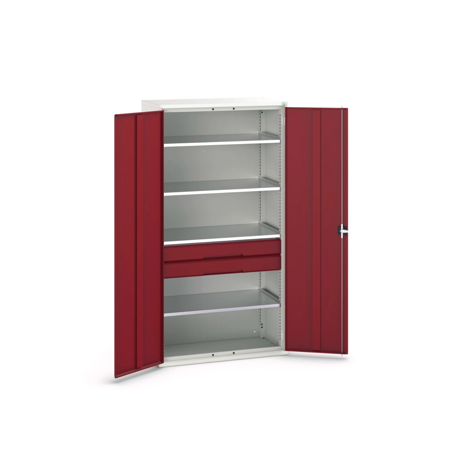 bott Verso systeemkast 1050x550x2000mm 4 legborden 2 lades 1 Perfo achterwand RAL 3004