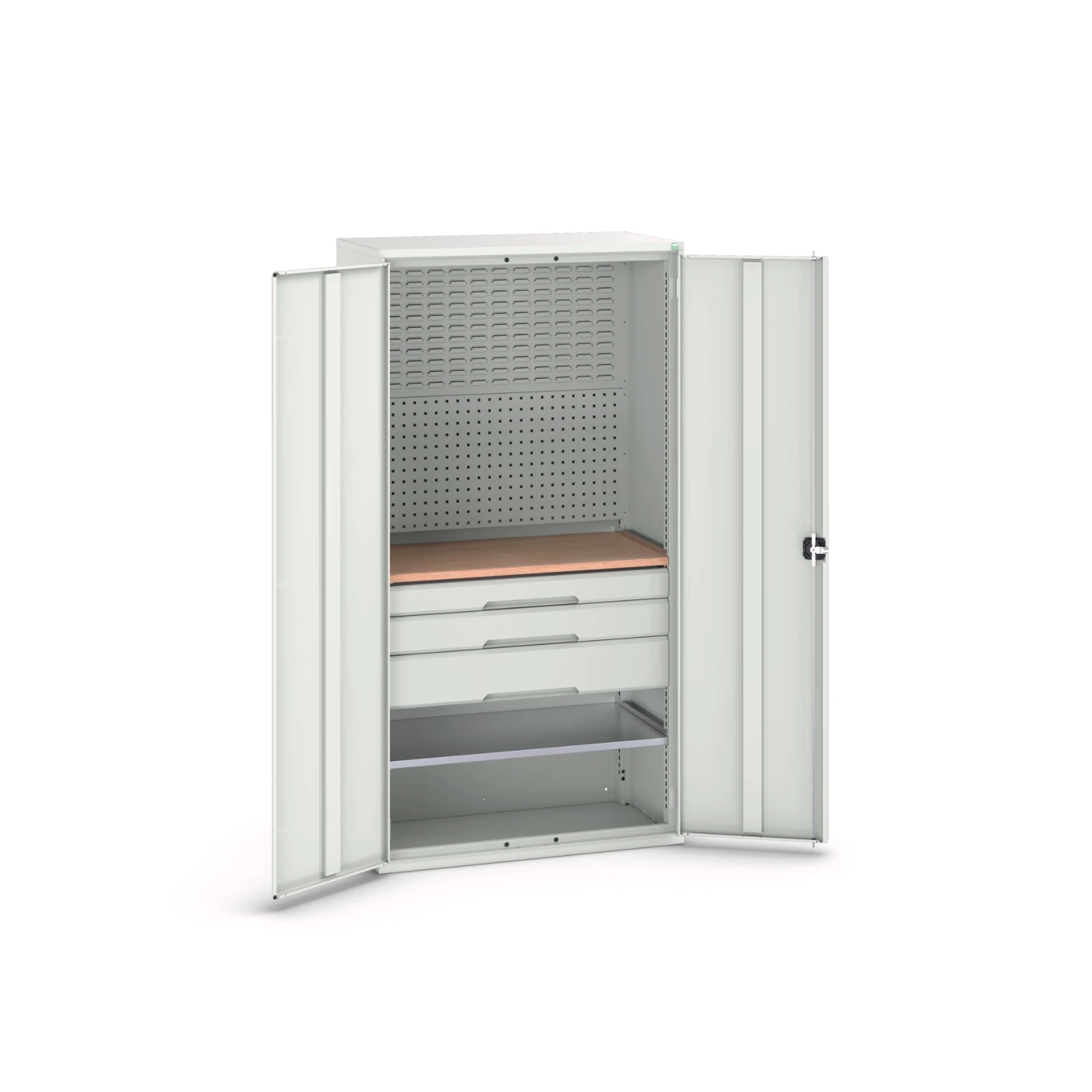bott Verso systeemkast 1050x550x2000mm 1 legbord 3 lades 1 Perfo achterwand  RAL 7035