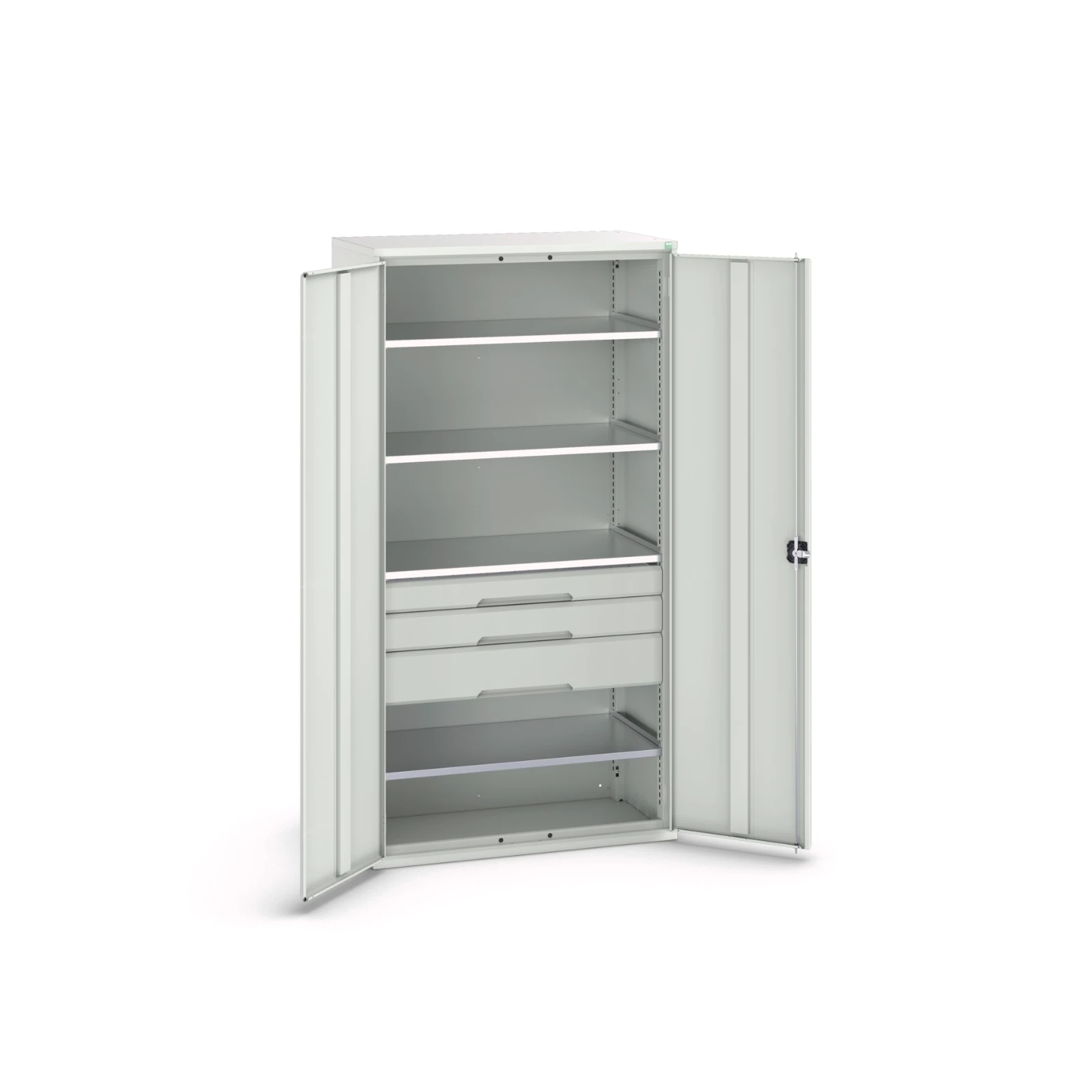 bott Verso systeemkast 1050x550x2000mm 4 legborden 3 lades 1 Perfo achterwand RAL 7035