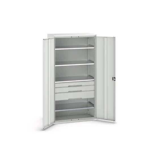 bott Verso systeemkast 1050x550x2000mm 4 legborden 3 lades 1 Perfo achterwand RAL 7035