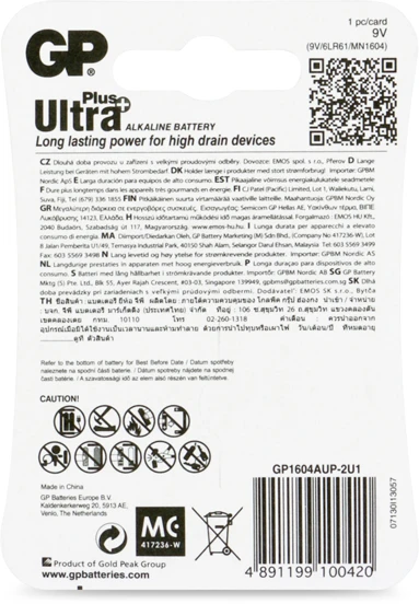 GP 9V Alkaline batterij Ultra Plus 1,5V (1 stuk)