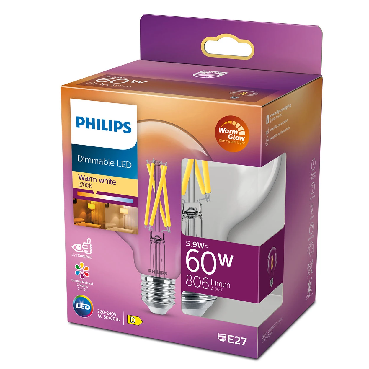 Philips LED Globe Filament Classic 60W E27 G93 CL WGD90 1PF/4