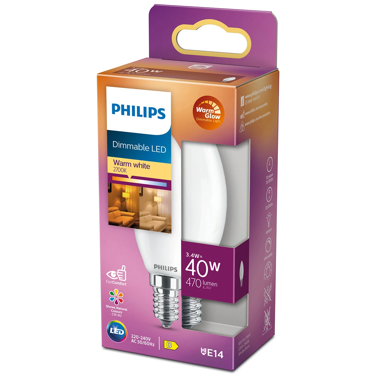 Philips LED Kaarslamp Classic 40W E14 B35 FR WGD90 SRT4