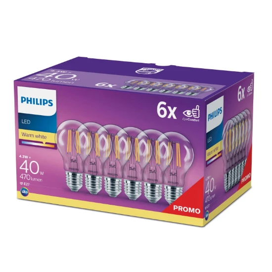 Philips LED Filament Classic 40W E27 A60 WW CL ND 6CT-4 (6 stuks)